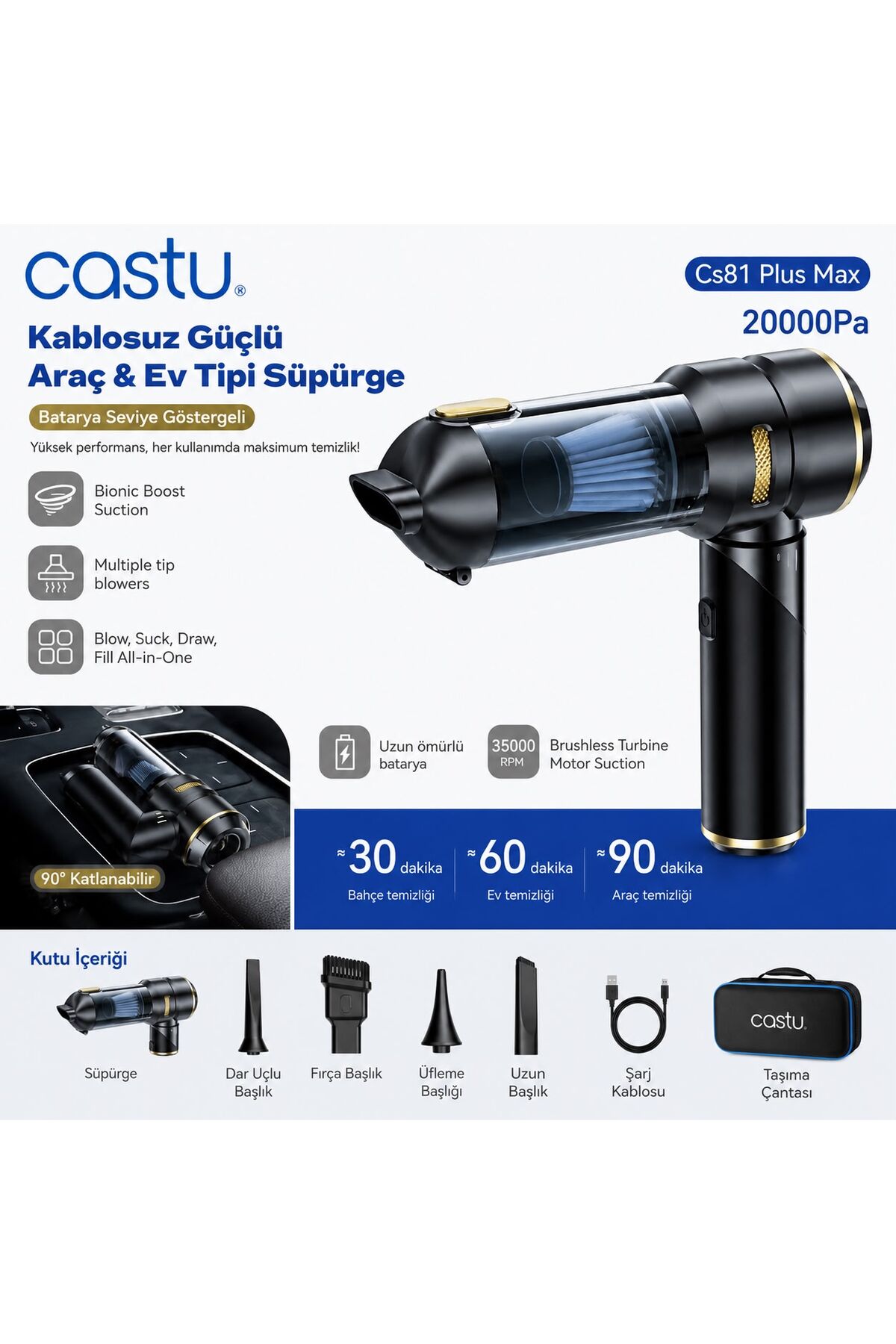 CASTU CS81 Plus Max 20000Pa Kablosuz Şarjlı El Süpürgesi Araç ve