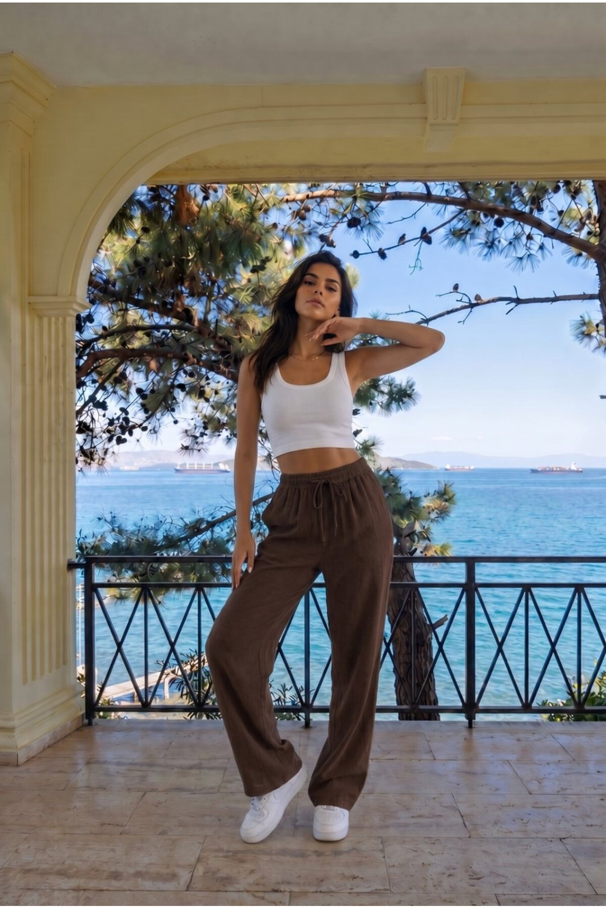 KAHVE Keten Karışımlı Bol Kesim Beli Lastikli Pantolon 6