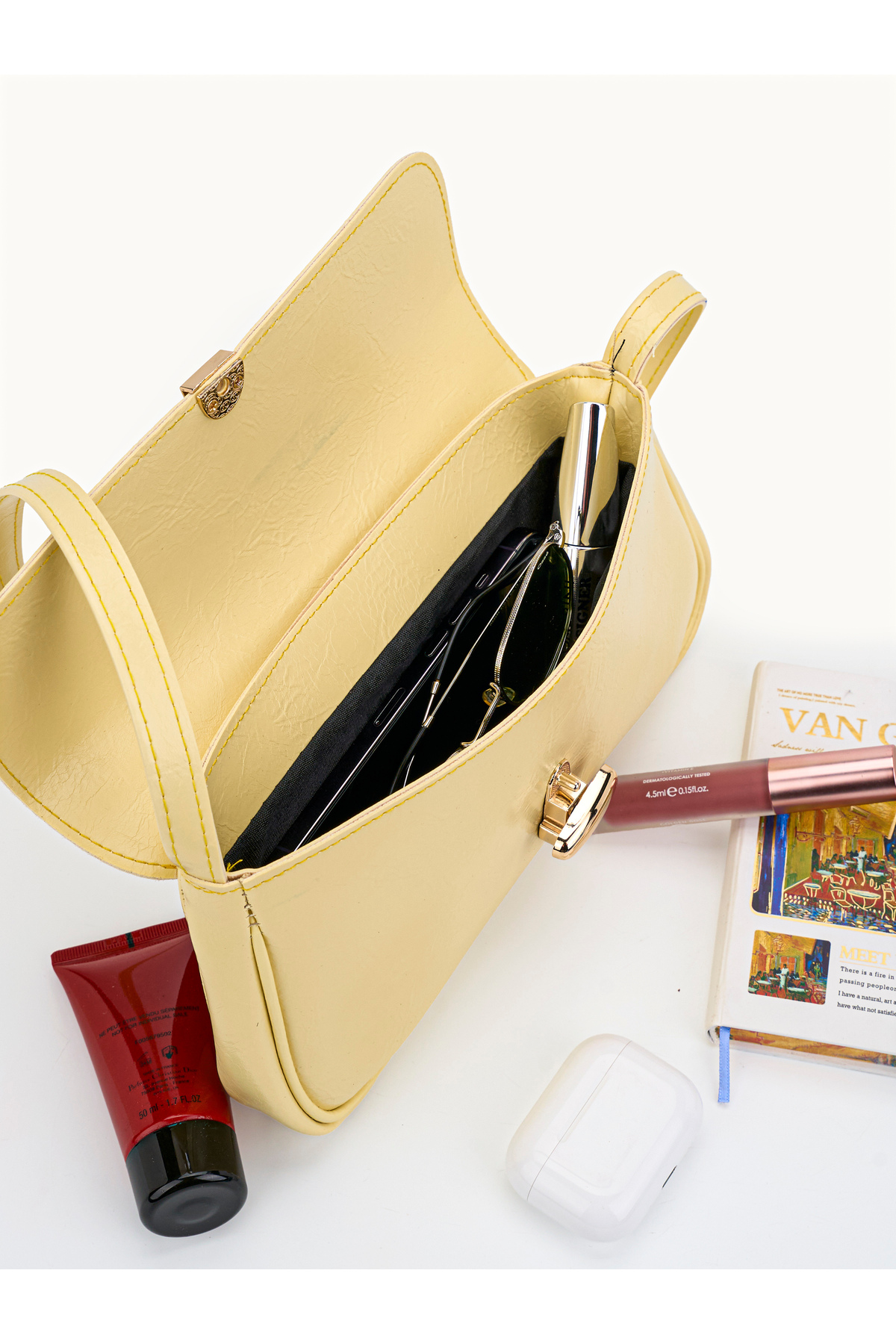 Liva Suni Deri Kadın Vintage Gold Tokalı Retro Model El ve Omuz Çantası