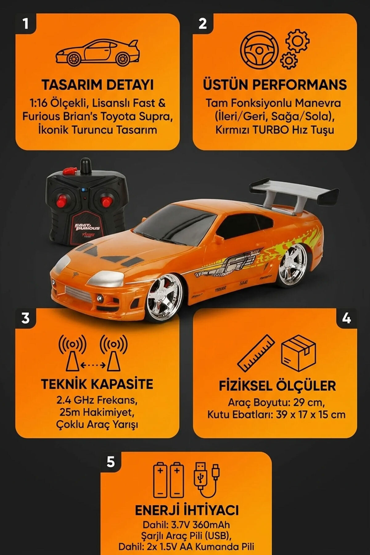 Feyza Oyuncak 1:16 Fast & Furious Brian's Toyota Supra Uzaktan