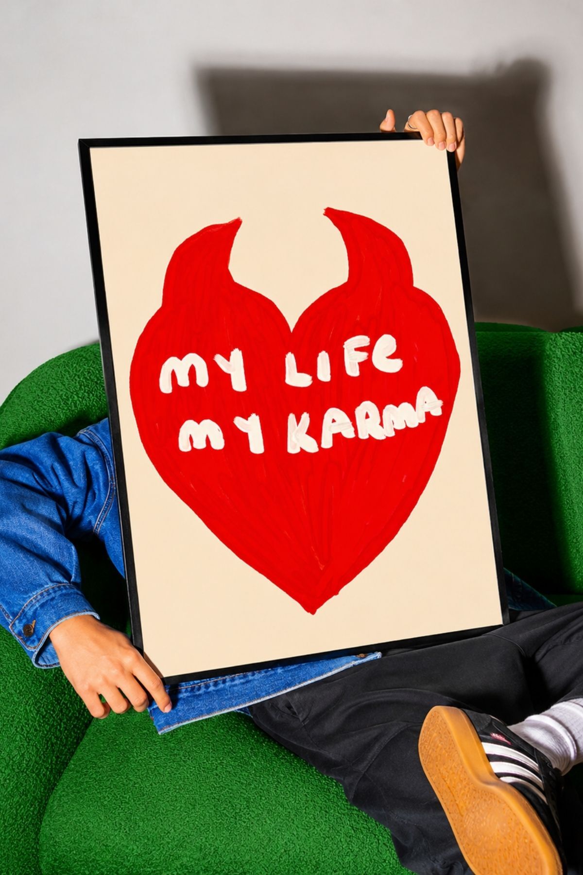 Kırmızı Kalp İllüstrasyonlu Modern Poster, My Life My Karma Yazılı Duvar Dekoru