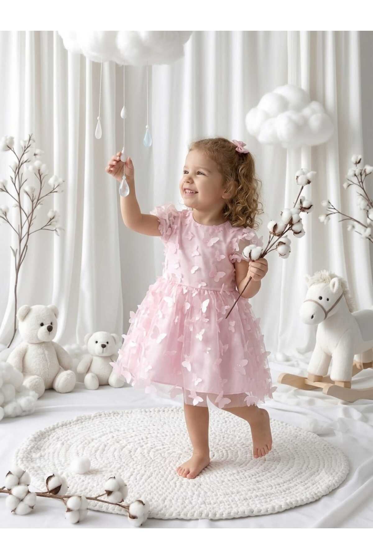 penu baby kids Pembe 3D Kelebek Figürlü Balon Kısa Kollu Kız Çocuk Kız Bebek Elbise