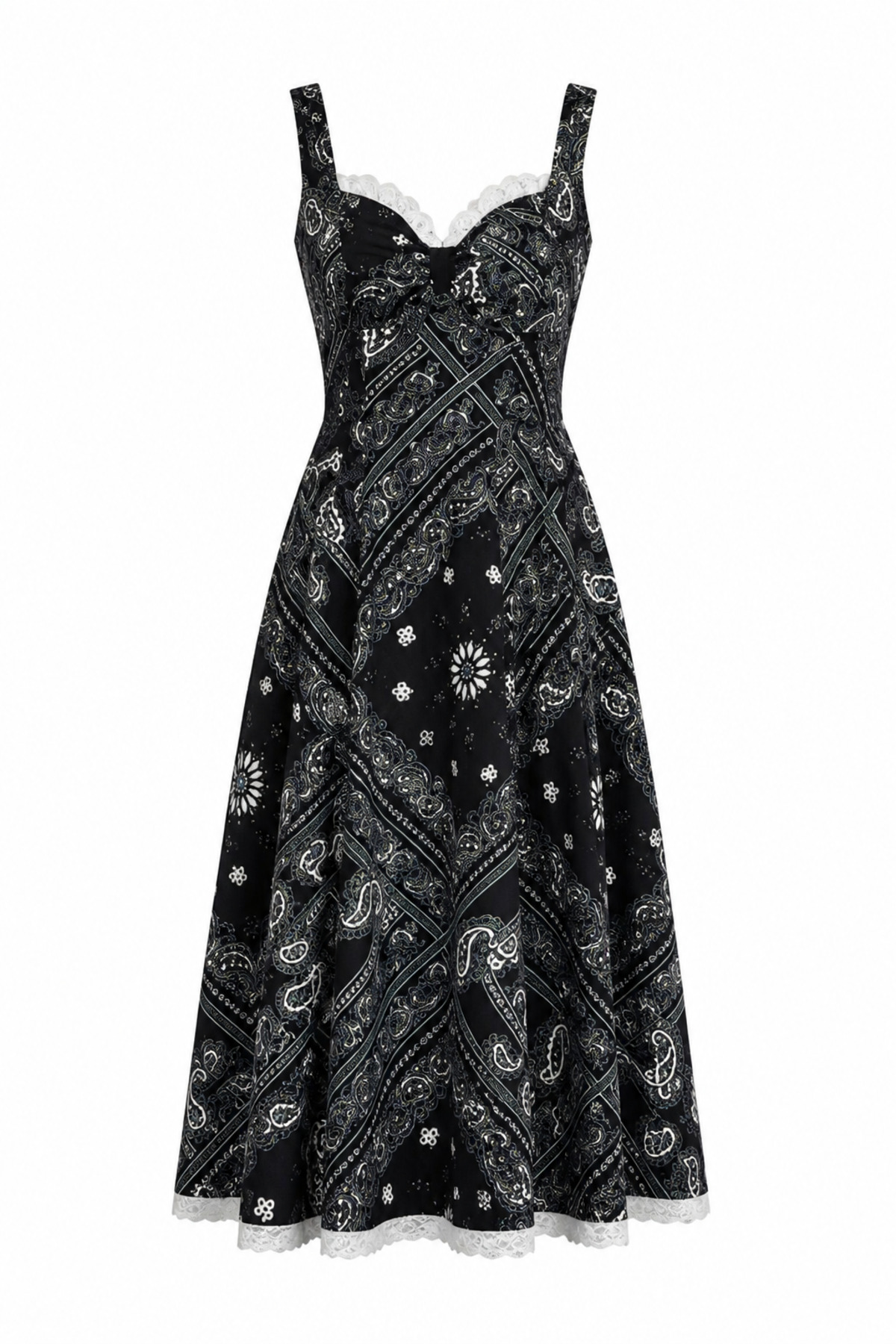 HAZELANNA Black Patterned Long Dress with Lace on the Chest