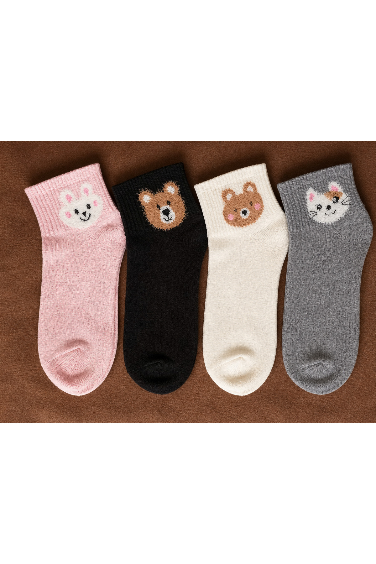 çorapmanya 4 Çift Çok Renkli Tüylü Teddy Bear Desenli Tenis Yarım Konç / Kolej Çorap görsel 5