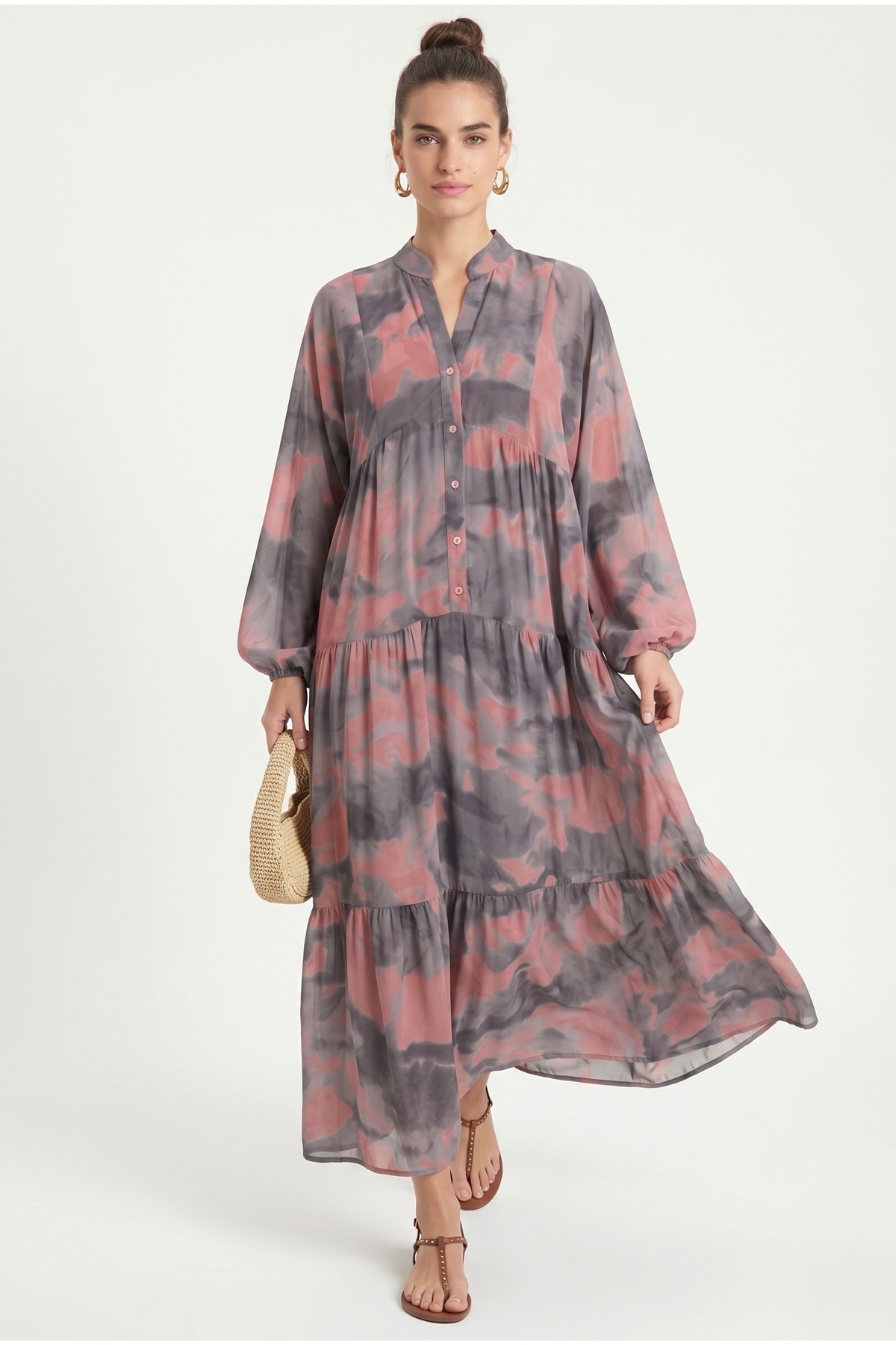 Women's Modest New Gloria Salmon Grey 100% Viscose Maxi Size Folded Balloon Sleeve Long Summer Dress