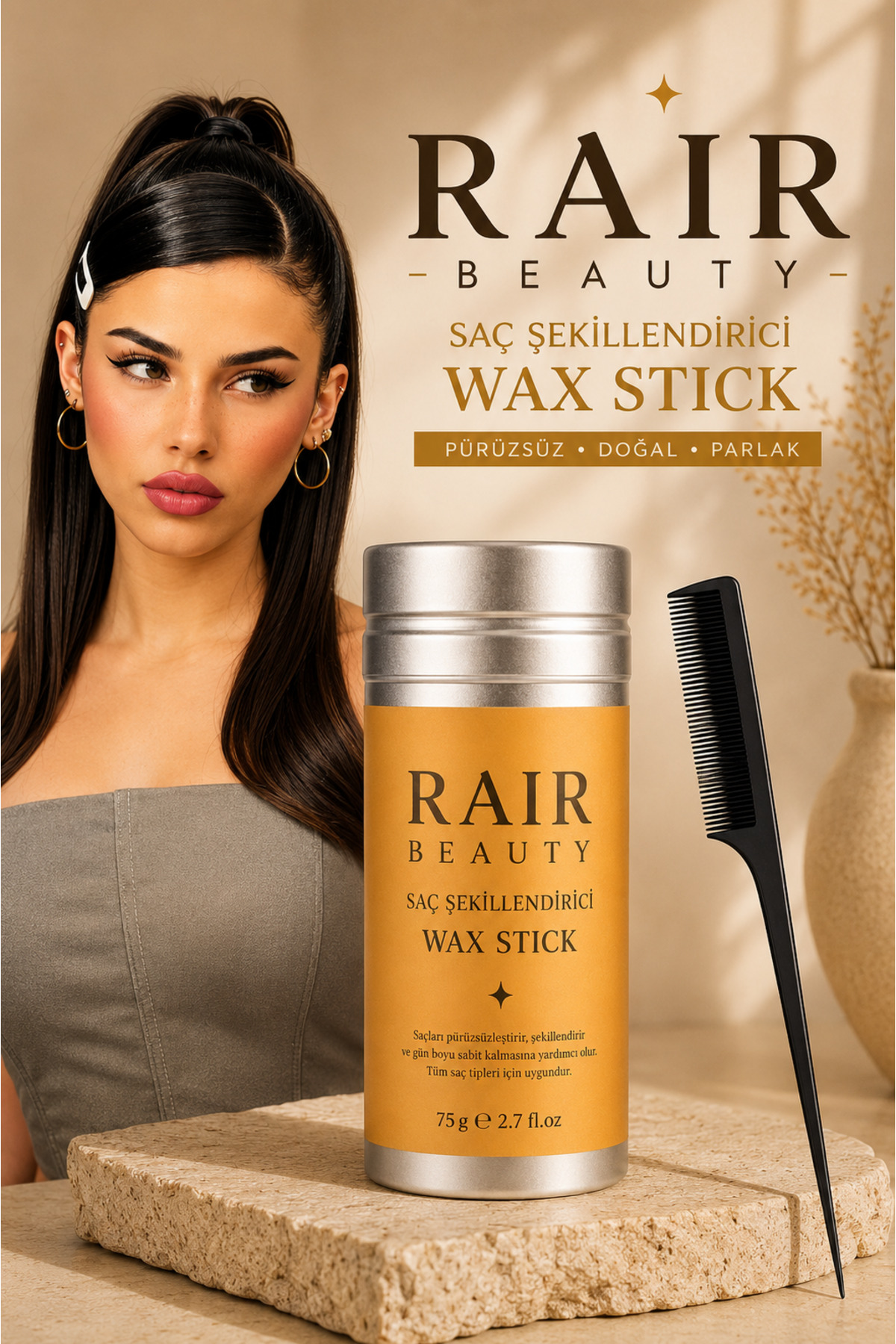RAİR BEAUTY Stick Saç Waxı ve Krepe Tarak İkili Set — 8557867545