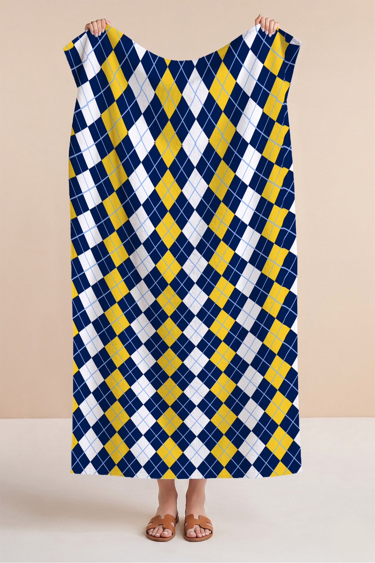 Plaid Geometric Patterned Beach Towel - Modern Yellow Navy Blue White Quick-Drying Microfiber Towel