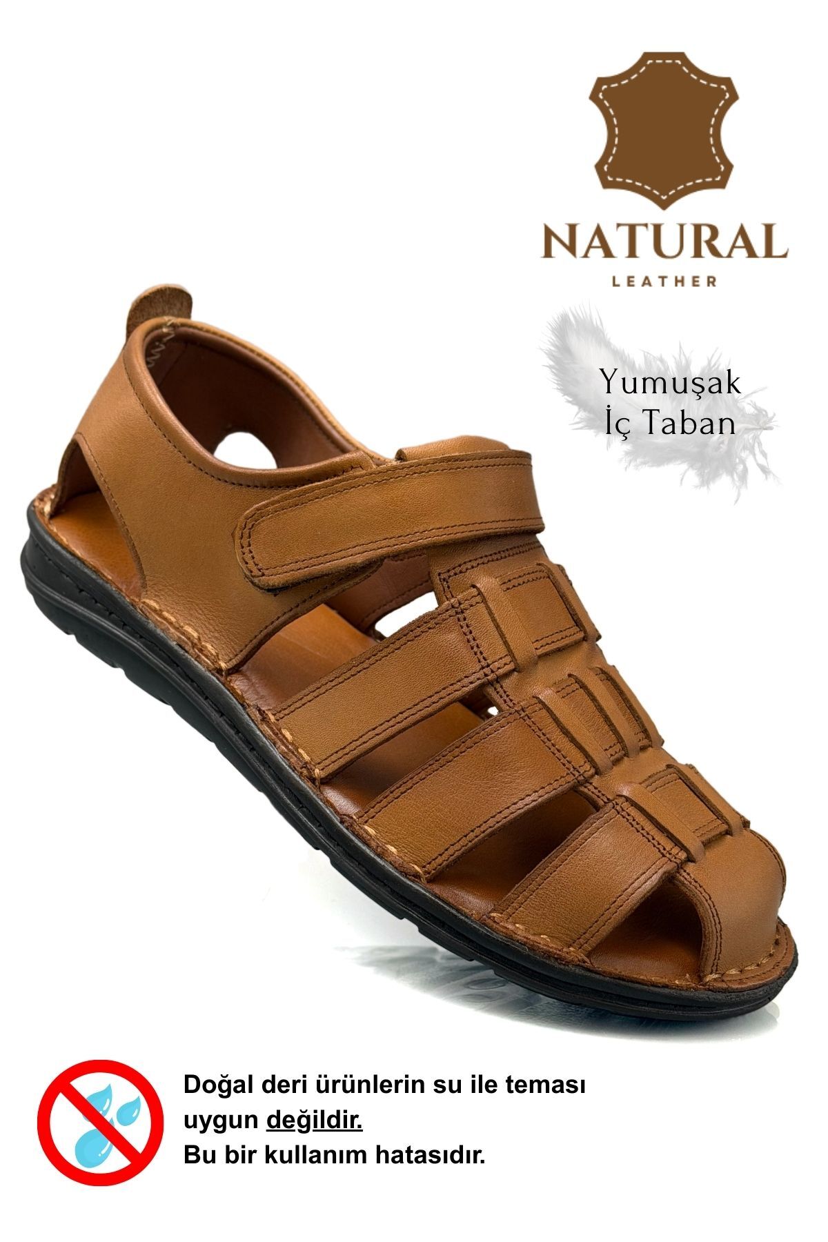 sermoda %100 Hakiki Deri Burnu Kapalı Erkek Sandalet Taba görsel 5