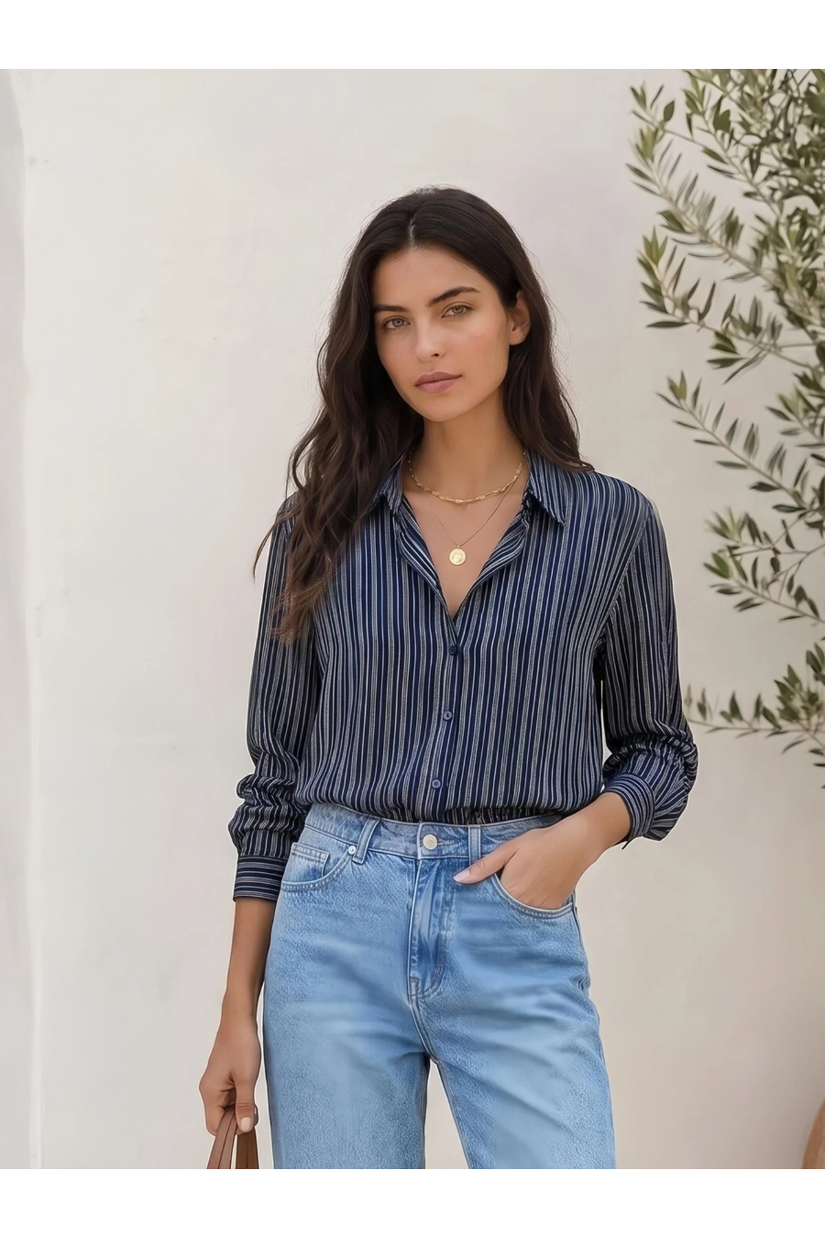 Styli Navy Blue Striped Long Sleeves Shirt
