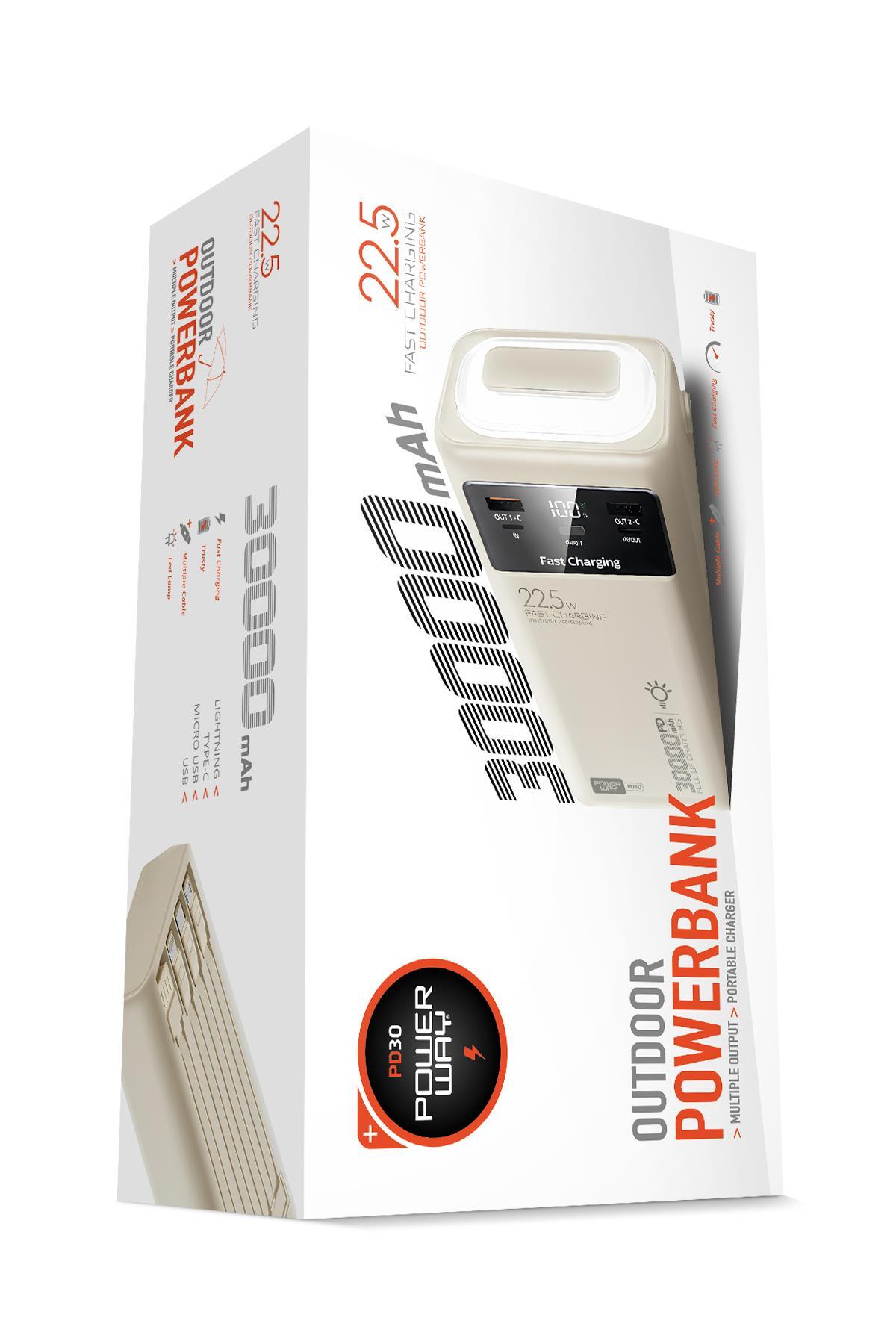 30.000 mAh Pd 22.5W Internal Wired Fast Charging Led Lantern Real 30.000 mAh PD30 White Powerbank