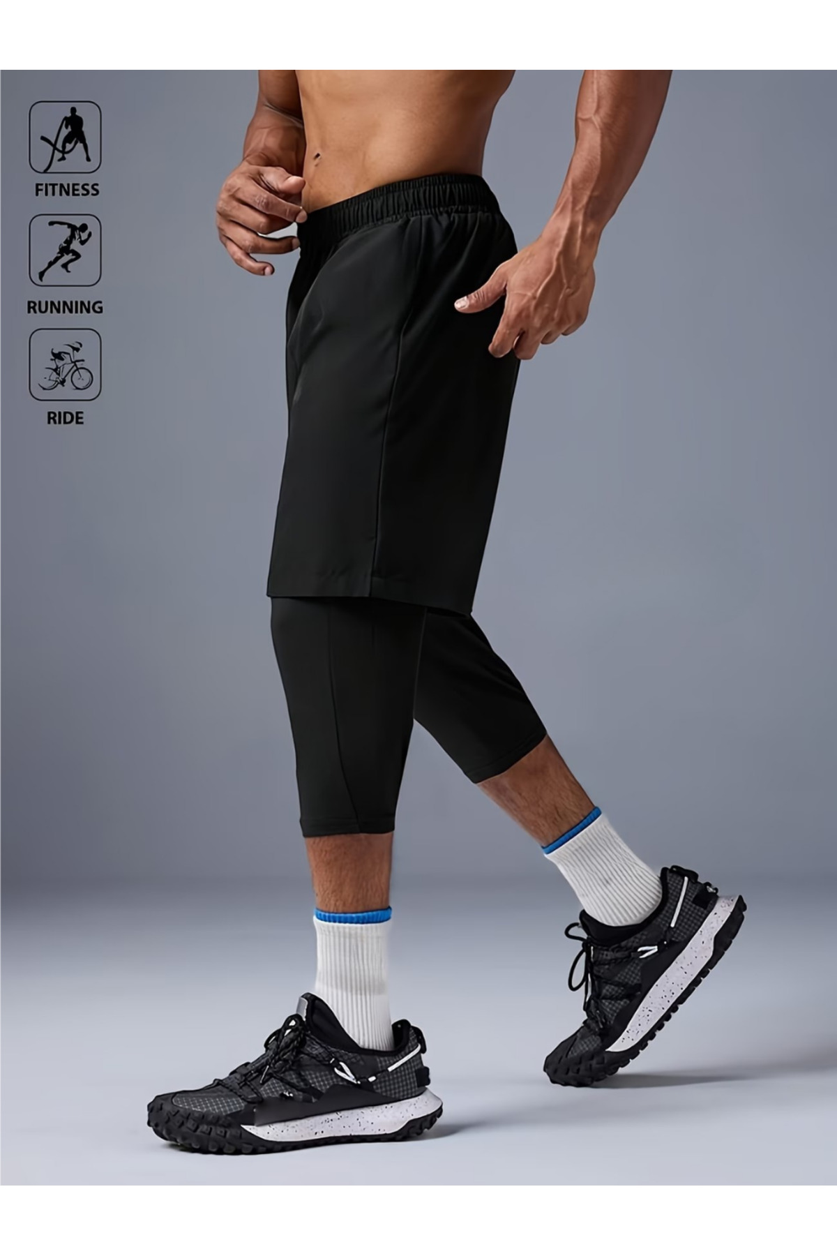 RUTBİL SPORTS 2'Sİ Bir Arada 3/4 Tayt Şort-birleşik Tayt Şort -fitness-basketbol-futbol-gym 3/4 Tayt Şort-koşu görsel 3