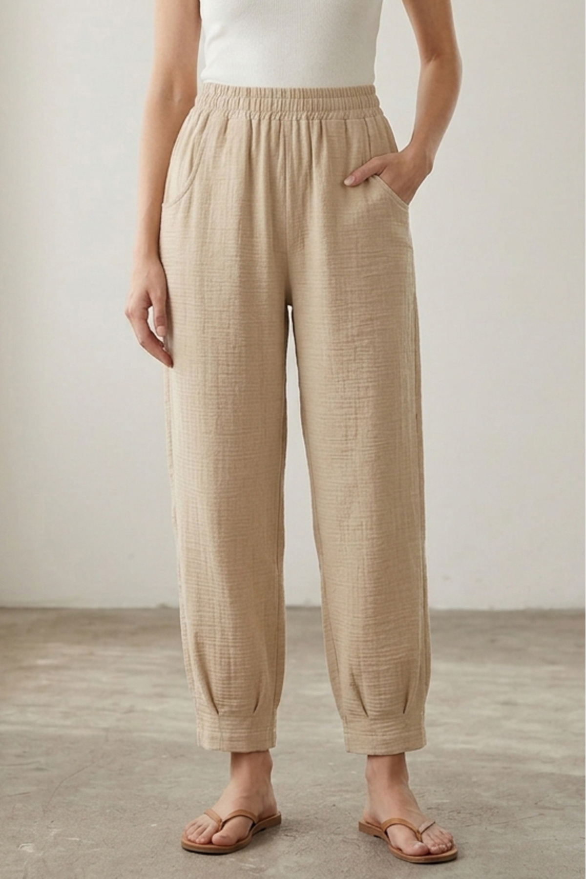 TOFİSA  Cepli Müslin Salaş Pantolon Krem - 1325-KREM