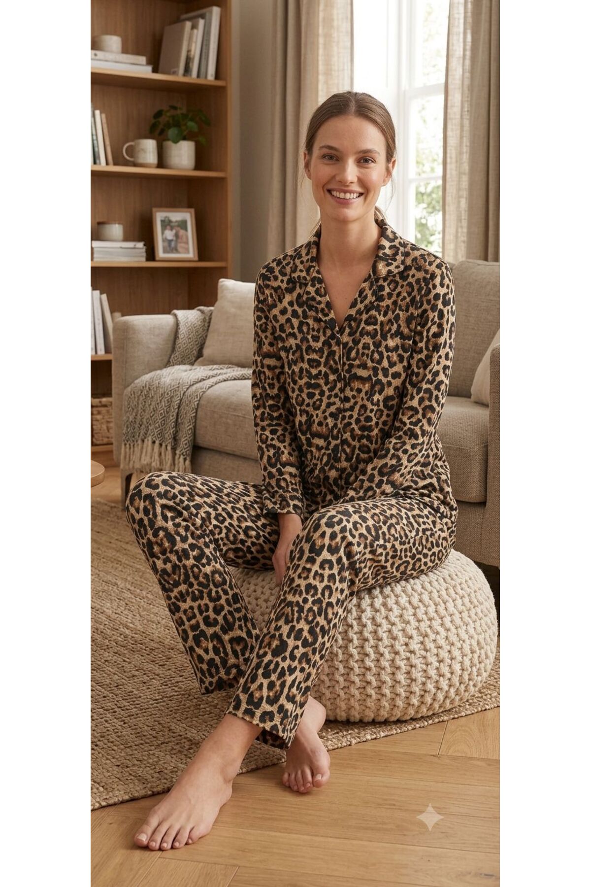 PİJAMOOD Kadın Pamuklu Leopar Desenli Beş Düğmeli Pijama Takımı görsel 2