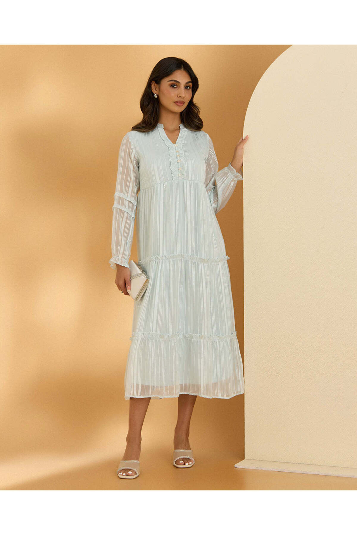 REDTAG Women Blue Striped Tiered Maxi Dress