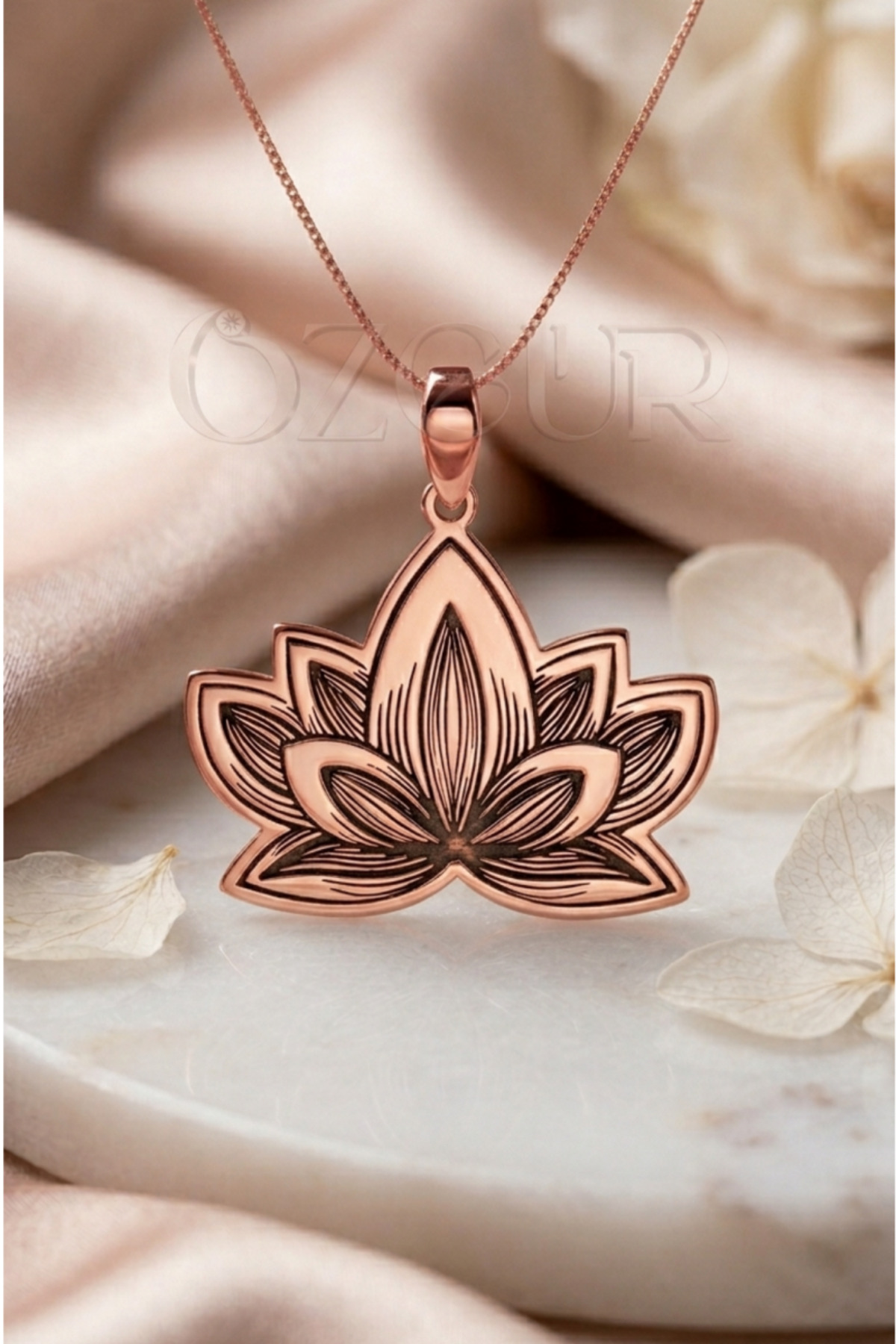 925 Ayar Gümüş Lotus Çiçeği Kolye - Rose / 40 cm
