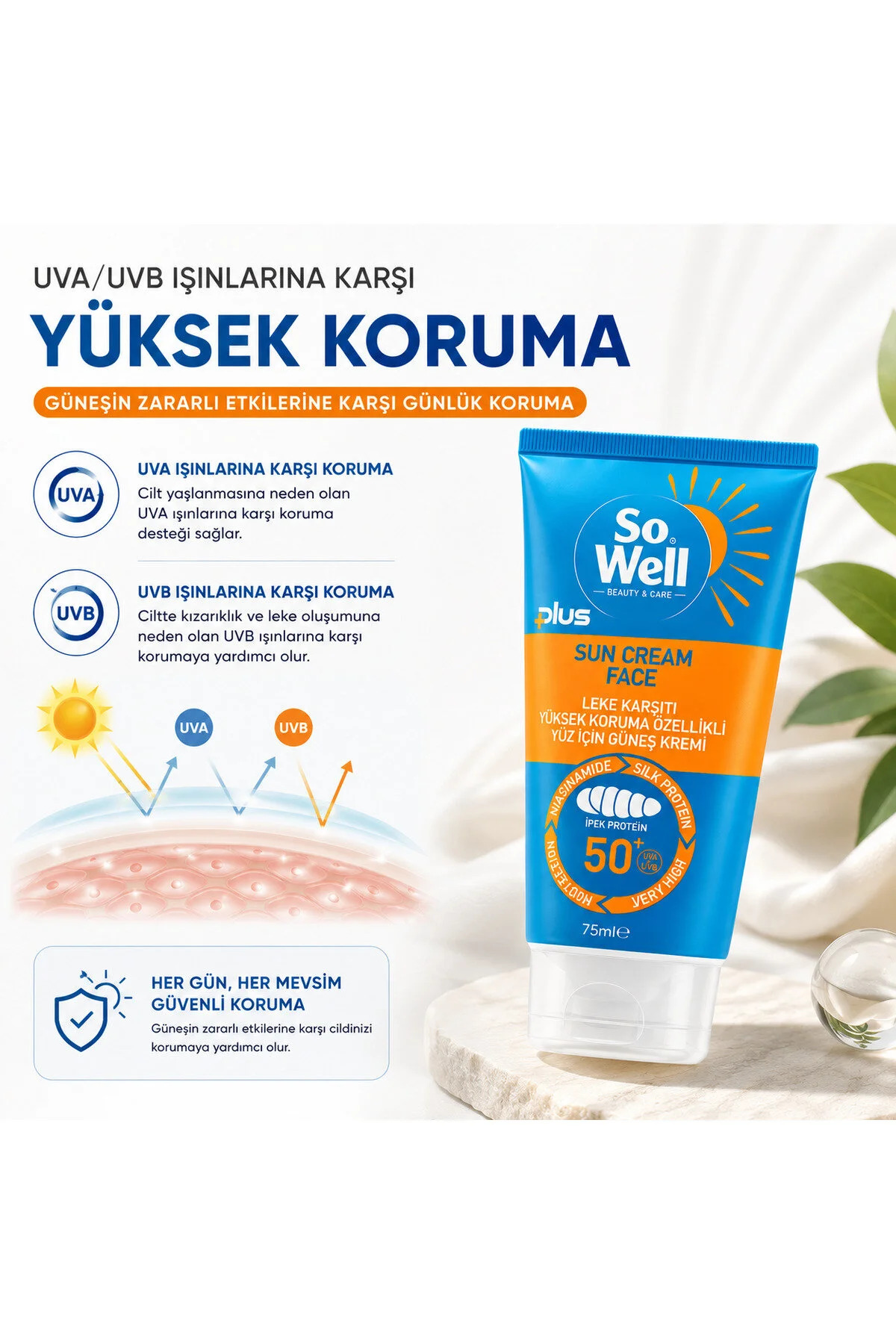 So well Leke Karşıtı Yüz İçin Güneş Kremi Spf 50+ Plus 75 ml + Hyaluronic Serum Hediyeli 20 ml — SW1 — تصویر 5 از 6