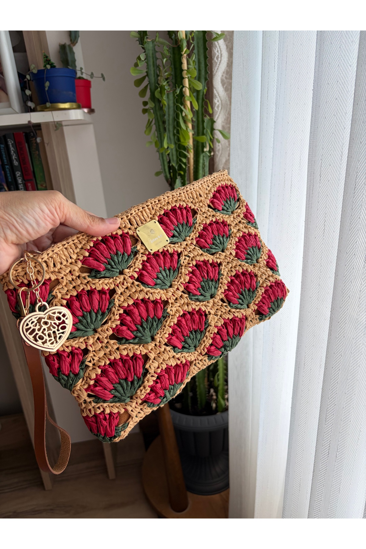 satürn hobi örgü tasarım Örgü Hasır Deri Astarlı Clutch Çanta görsel 4