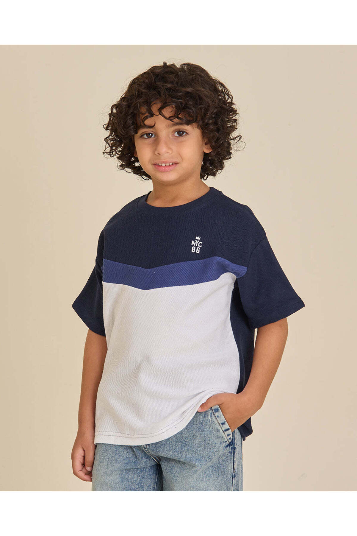 REDTAG Boys Navy Cut And Sew T-Shirt