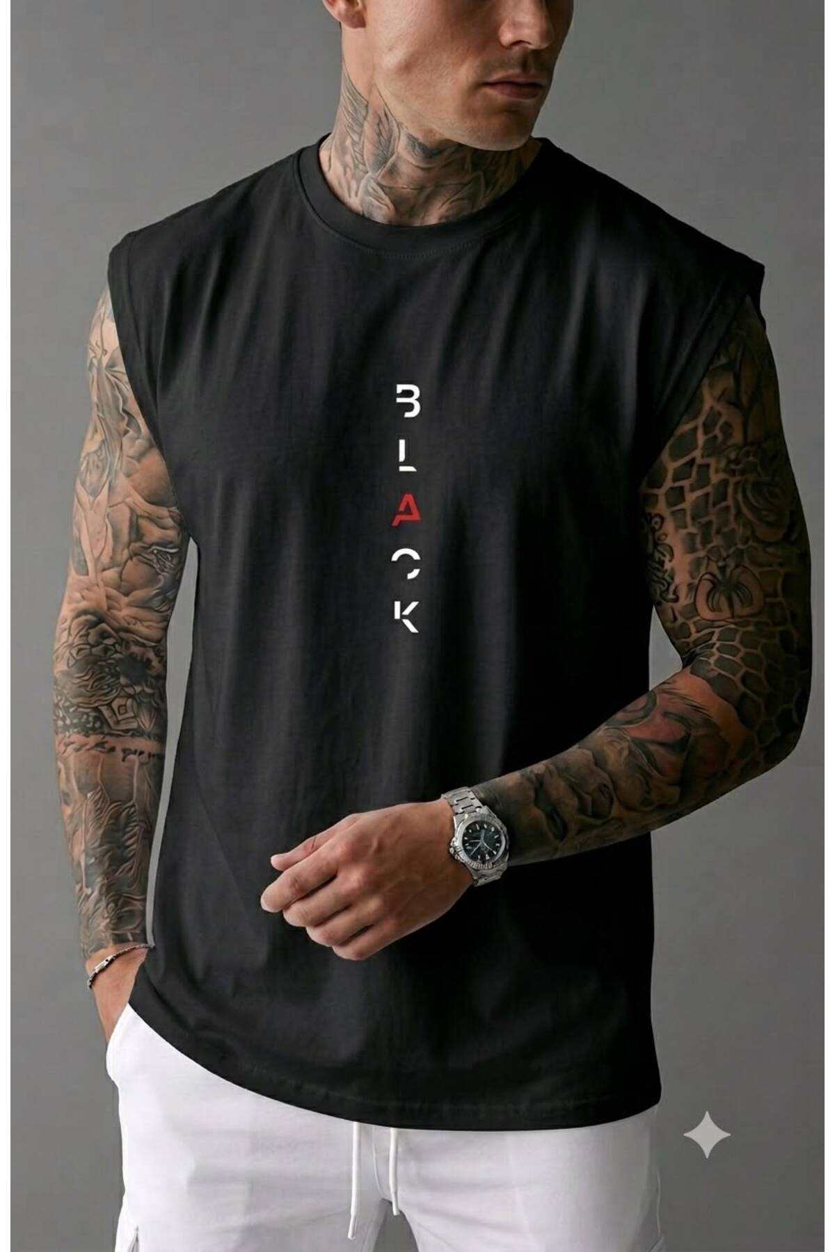 FAVORİST BLACK Baskılı Erkek (Sıfır Kol) Kolsuz Sporcu Atlet T-shirt