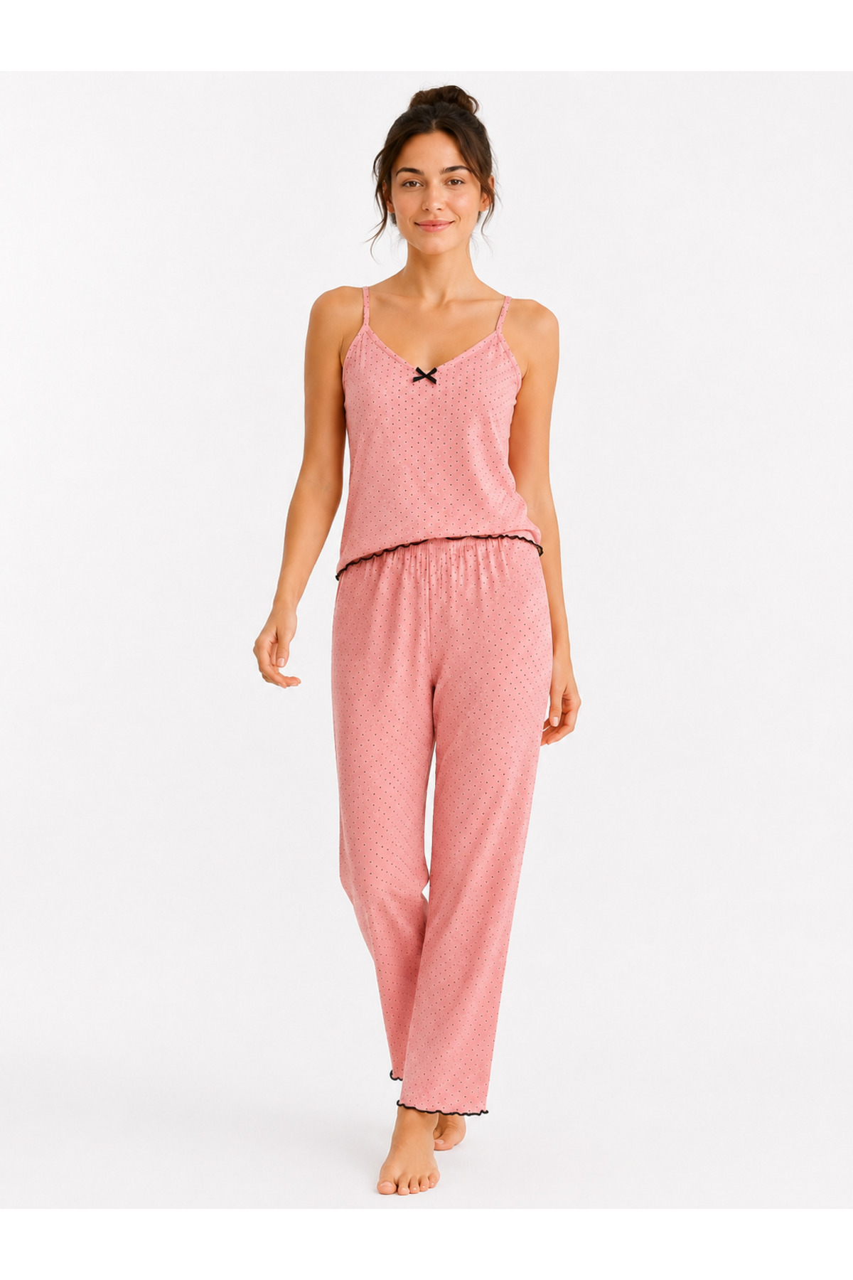 Sude HOMEWEAR Kadın İp Askılı Biyeli Somon Renk Pijama Takımı görsel 2