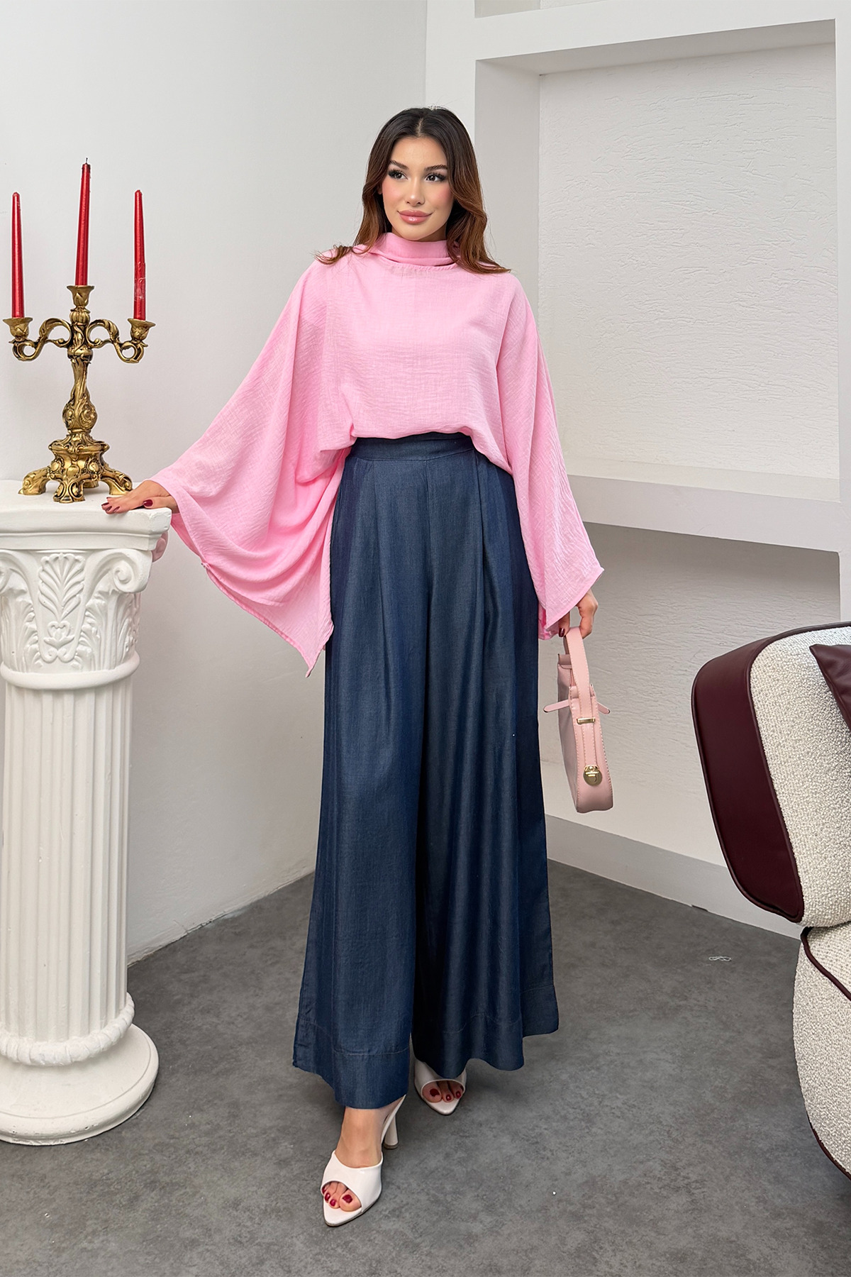 Hatun Atila Kadın Fularlı Yaka Asimetrik Yarasa Kol Salaş Panço Bluz 6019 - Pembe görsel 5