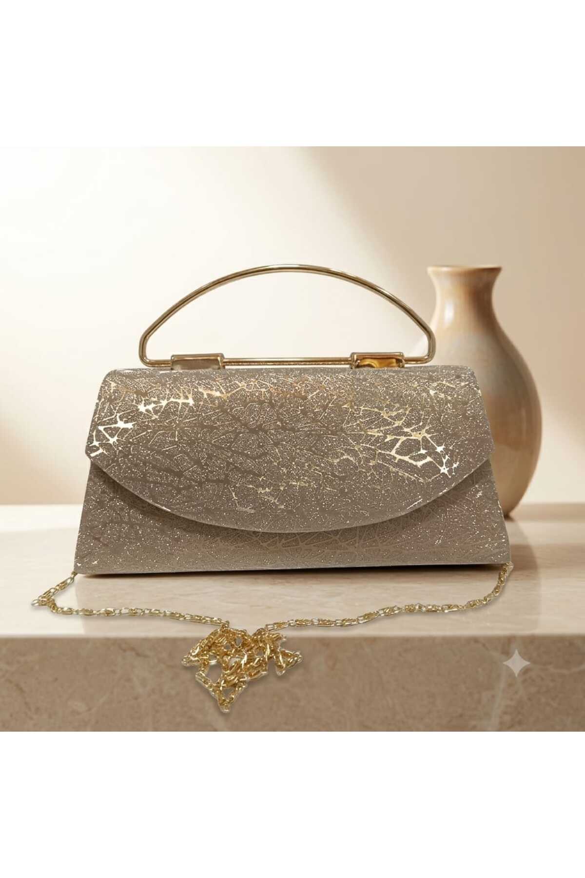ZİVORA Kadın Simli Abiye Çanta Kırık Cam Desenli Zincir Askılı Portföy Clutch El ve Omuz Çantası 24x12x7 cm