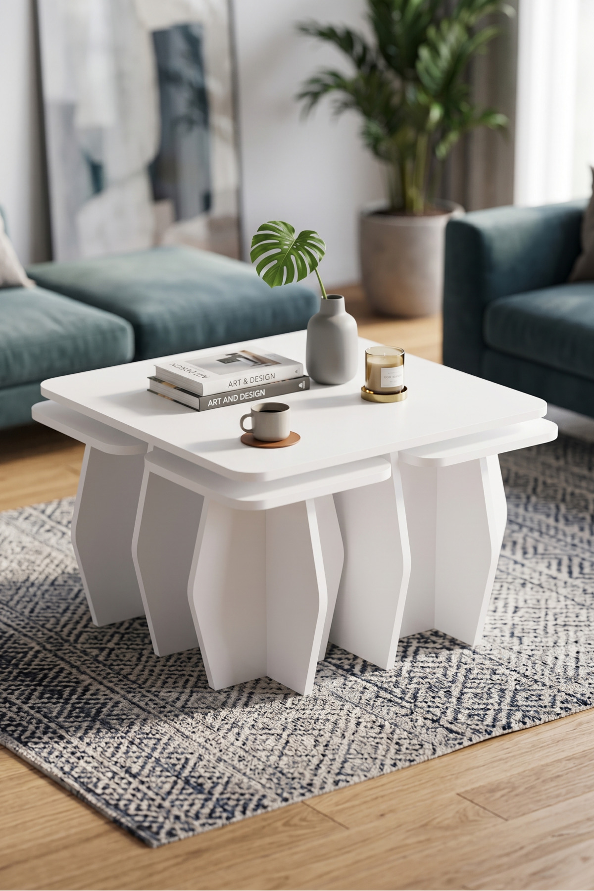 Orta Sehpa Ve Zigon Sehpa 5'li Set Modern Çok Amaçlı Salon Oturma Odası Yan Sehpa 9247 Beyaz görsel 2