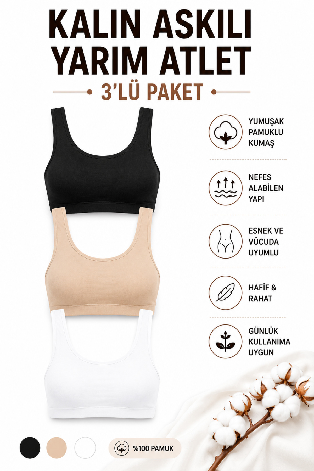 Mudcosıo Kadın Kalın Askılı Yarım Atlet Pedli 3'lü Paket Pamuklu Esnek Rahat