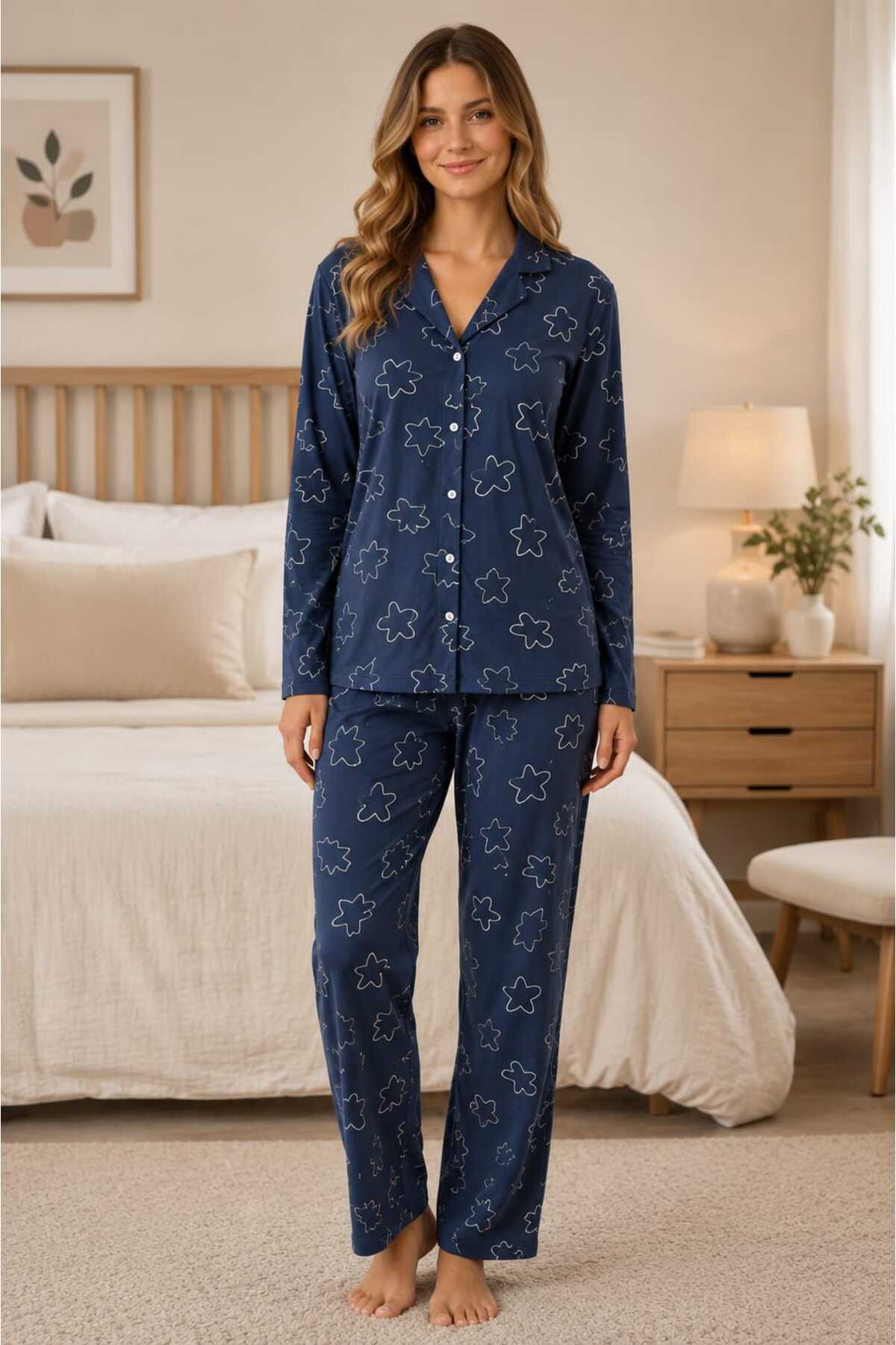 pijamacity Kadın Beş Düğmeli Pijama Takımı Yıldız Desen