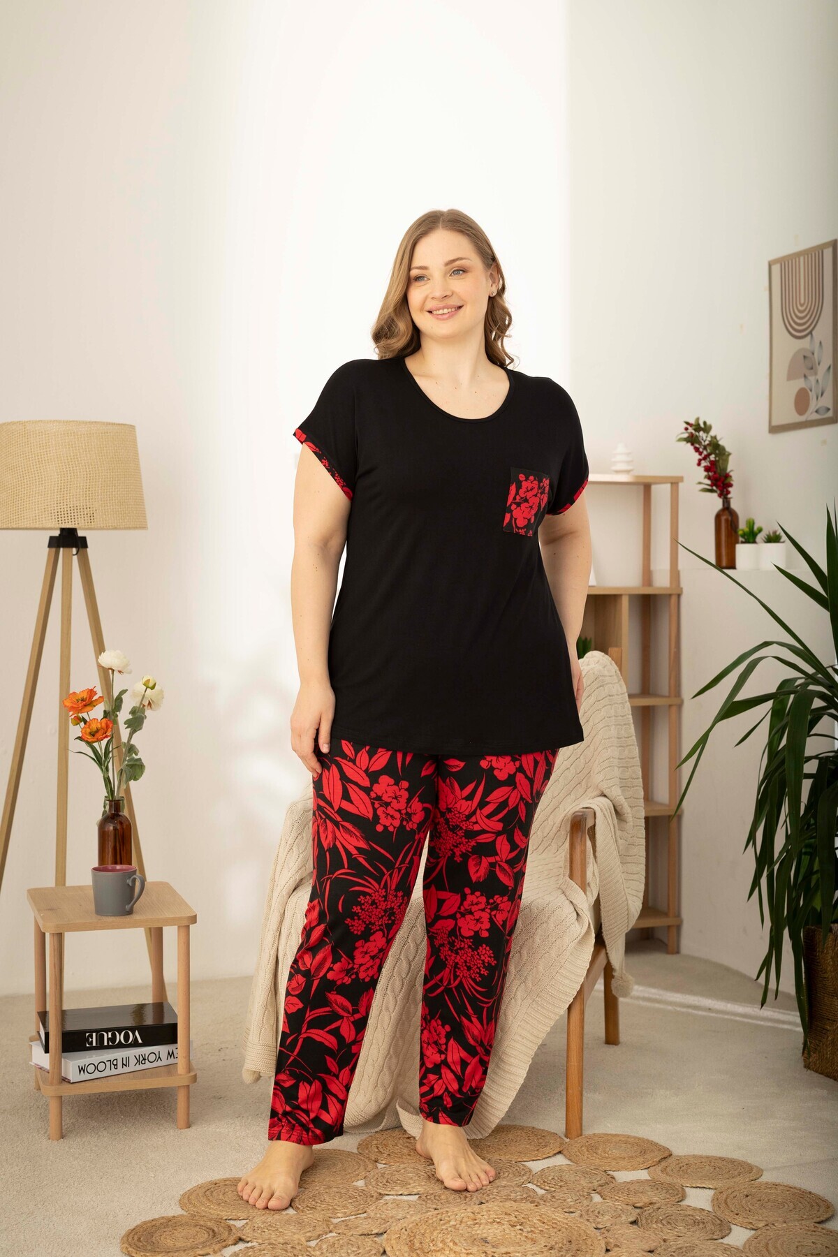 Miss Meryem Siyah Ring Viskon Kısa Kol Büyük Beden Pijama Takım görsel 2