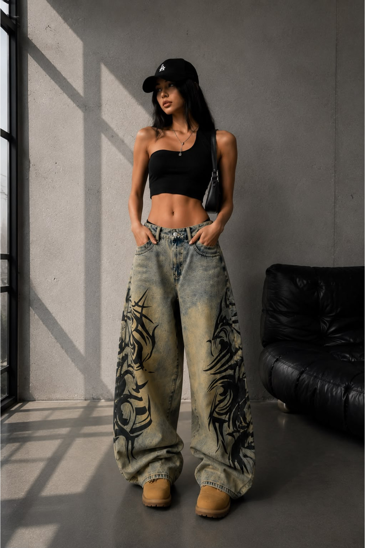 Bravebell Yıkamalı Tint Dragon Detail Baggy Unisex Jean görsel 5