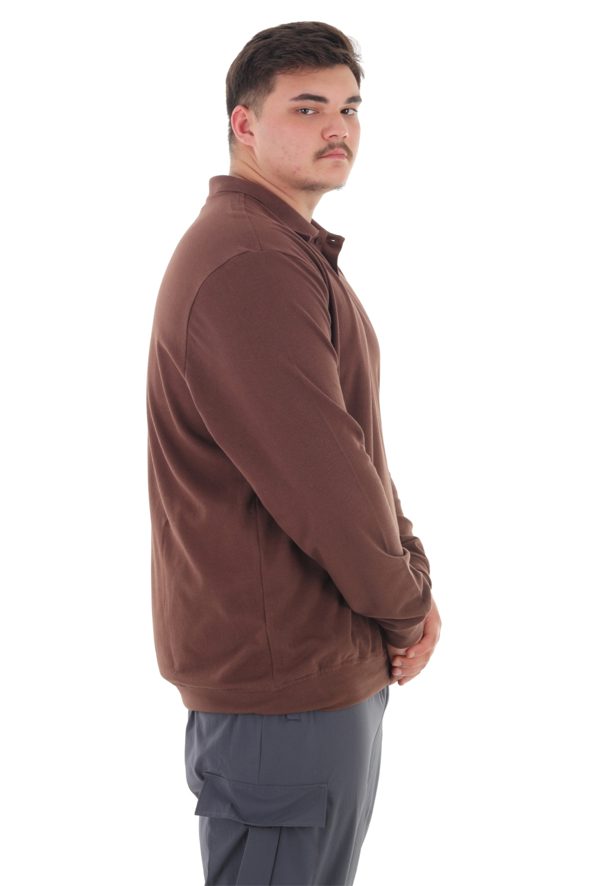 marufshop Erkek Büyük Beden 115-155 Kilo Arası İçin Uygun Uzun Kol Polo Yaka Mevsimlik Sweatshirt Kahverengi görsel 2