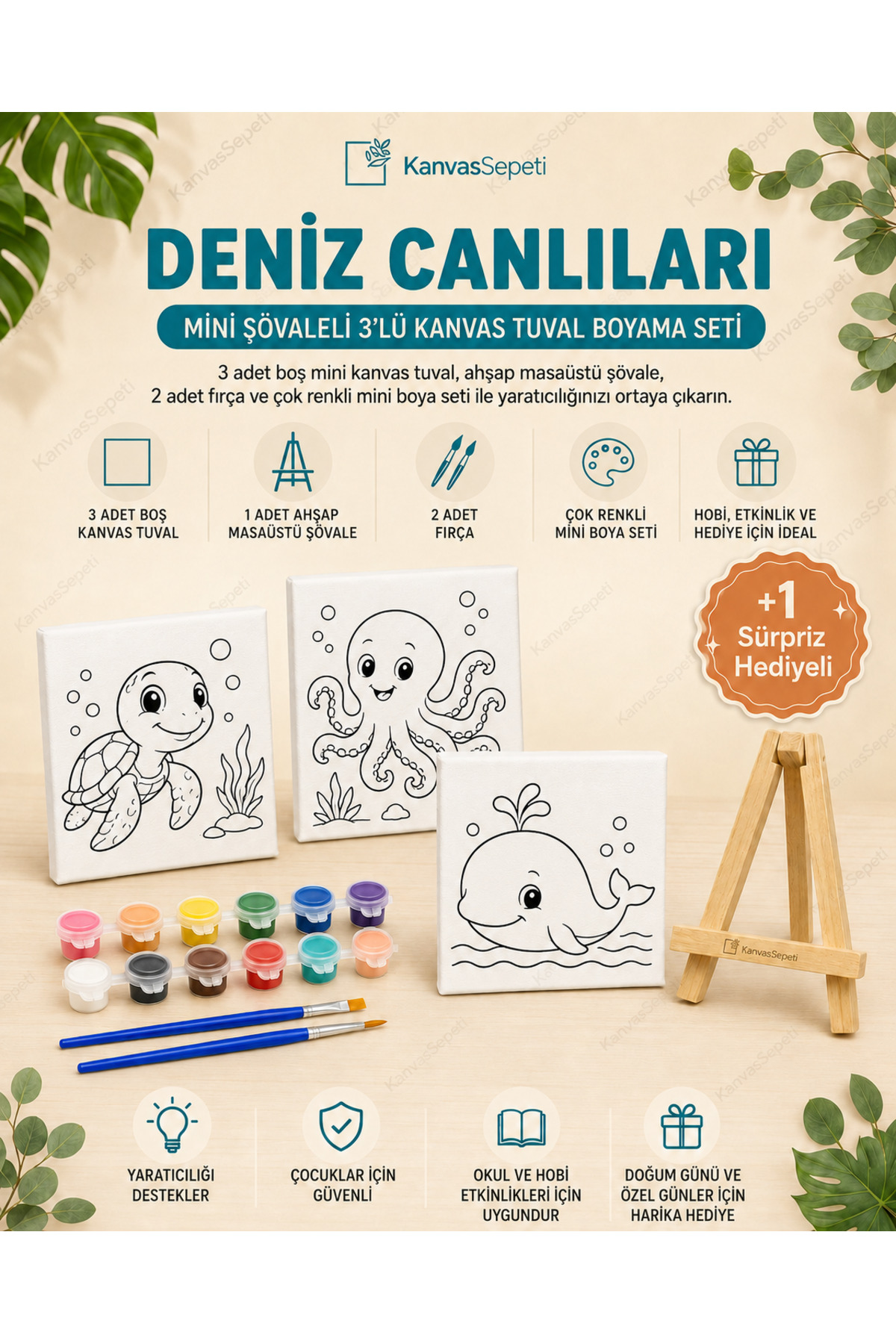 Deniz Canlıları Mini Şövaleli 3'lü Boyanabilir Kanvas Tuval Seti 20x20 12 Renk Boya