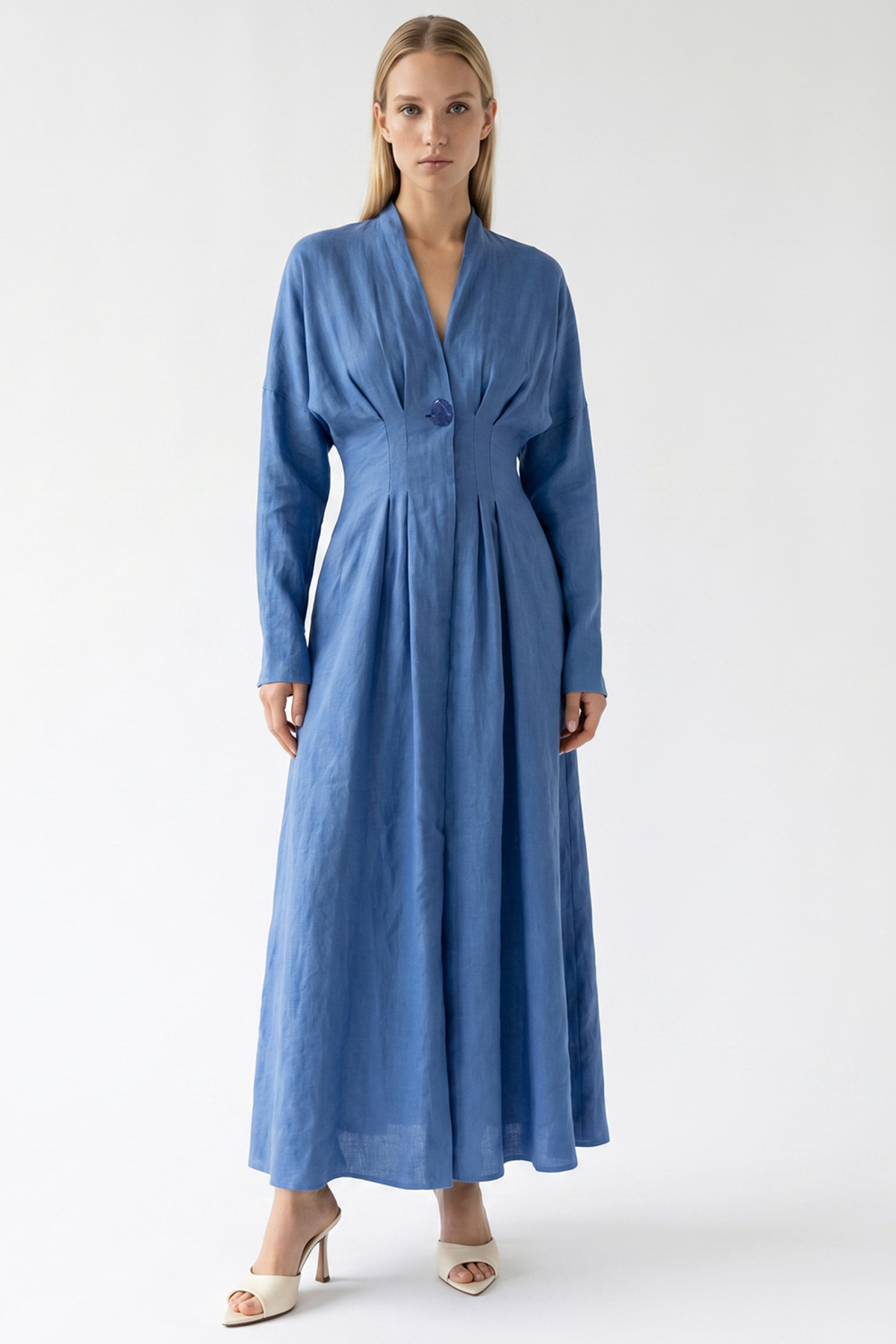Exquise Long Sleeve Waist Fitted V-Neck Slim Fit Linen Midi Dress