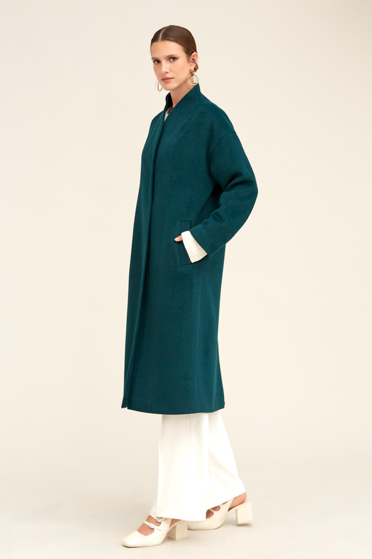 Hatemoğlu Yeşil Regular Fit Hakim Yaka Kaşe Oversize Manto görsel 8