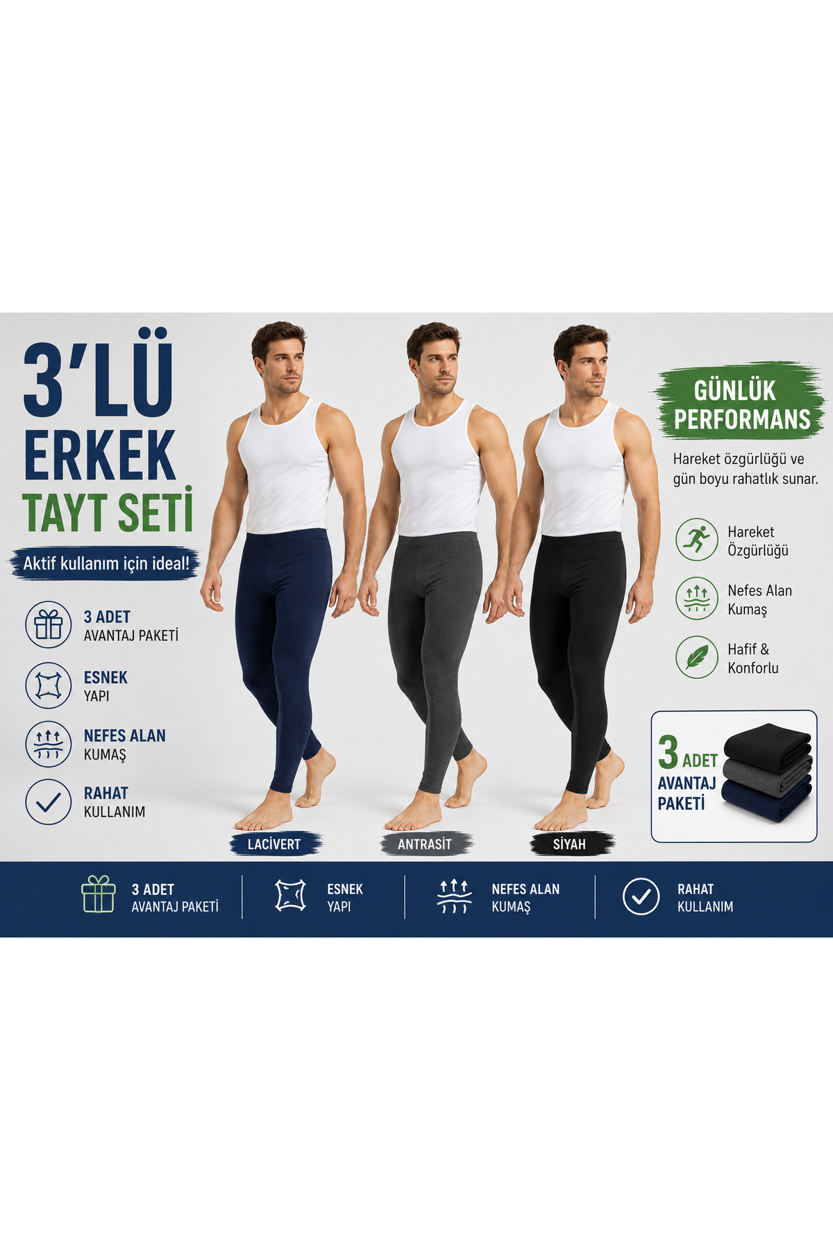 Isıl Termal | Erkek Termal Tayt 3 'lü İçleri Pamuklu Set ANTRASİT ,SİYAH ,LACİVERT ( 3 ADET ) görsel 3