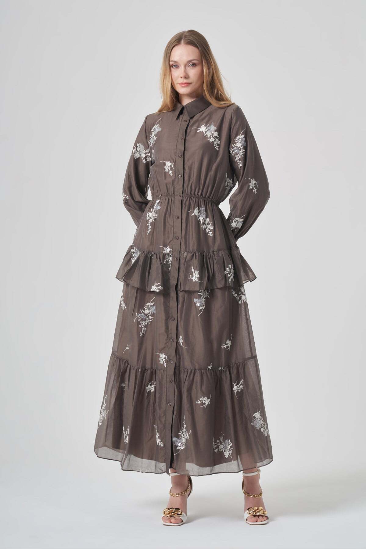 FTZ WOMEN Women's Embroidered Ruffle Detailed Dress Brown 31405