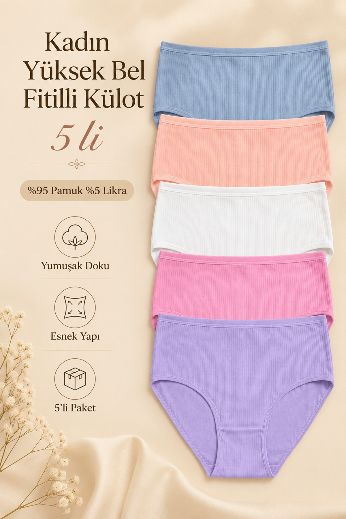 Nicoletta Kadın Külot 5 Li Paket Likralı Pamuklu Yüksek Bel Fitilli Ribana Somon görsel 2