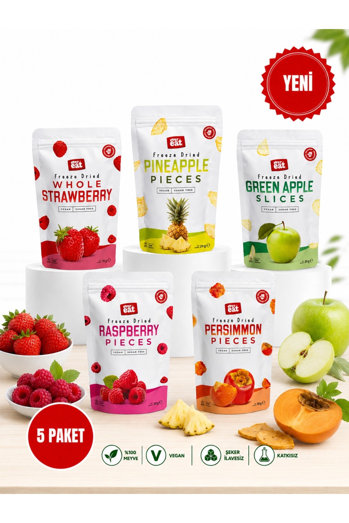 EverEat Freeze Dry Meyve Cipsi 5'li Set Çilek Ananas Frambuaz