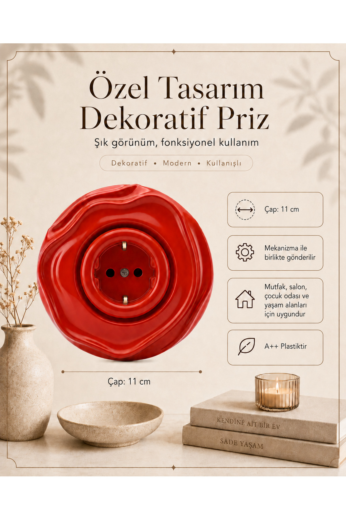 Özel Tasarım Wavy Serisi Kırmızı Renk Dekoratif Priz A Kalite Plastik (Mekanizma Dahildir)