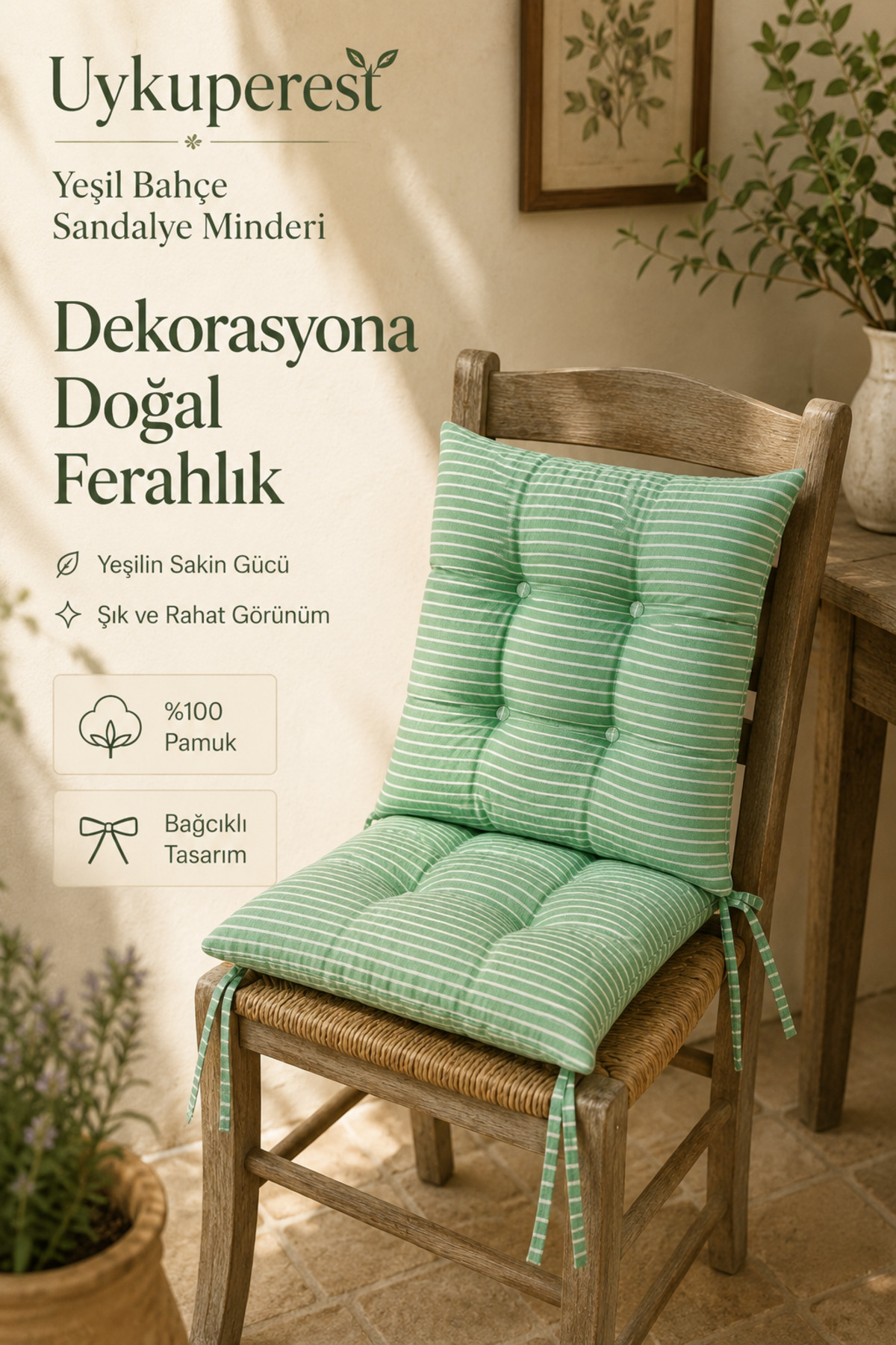 Pastello Pofidik Sandalye Minderi 40x40 Bağcıklı 4 Puntolu Silikon Dolgulu Pamuk Bahçe Balkon Tekli detay
