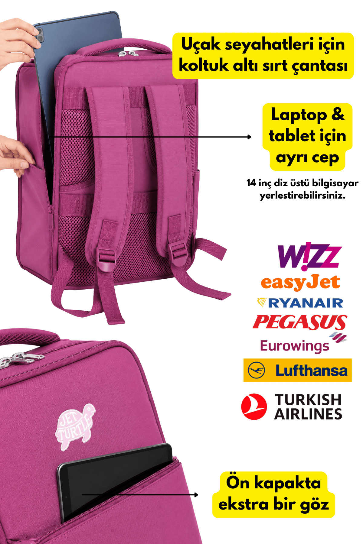 Jet Turtle Seyahat Sırt Çantası 40cm 40x25x15 cm Pegasus, Wizz Air, Ryanair, El Valizi Koltuk Altı Valizi görsel 6