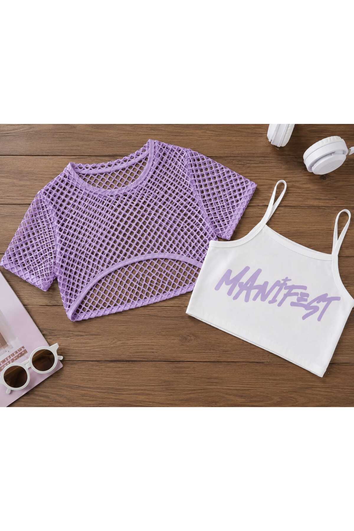 Mesh Detailed Crop Printed Bodysuit T-Shirt
