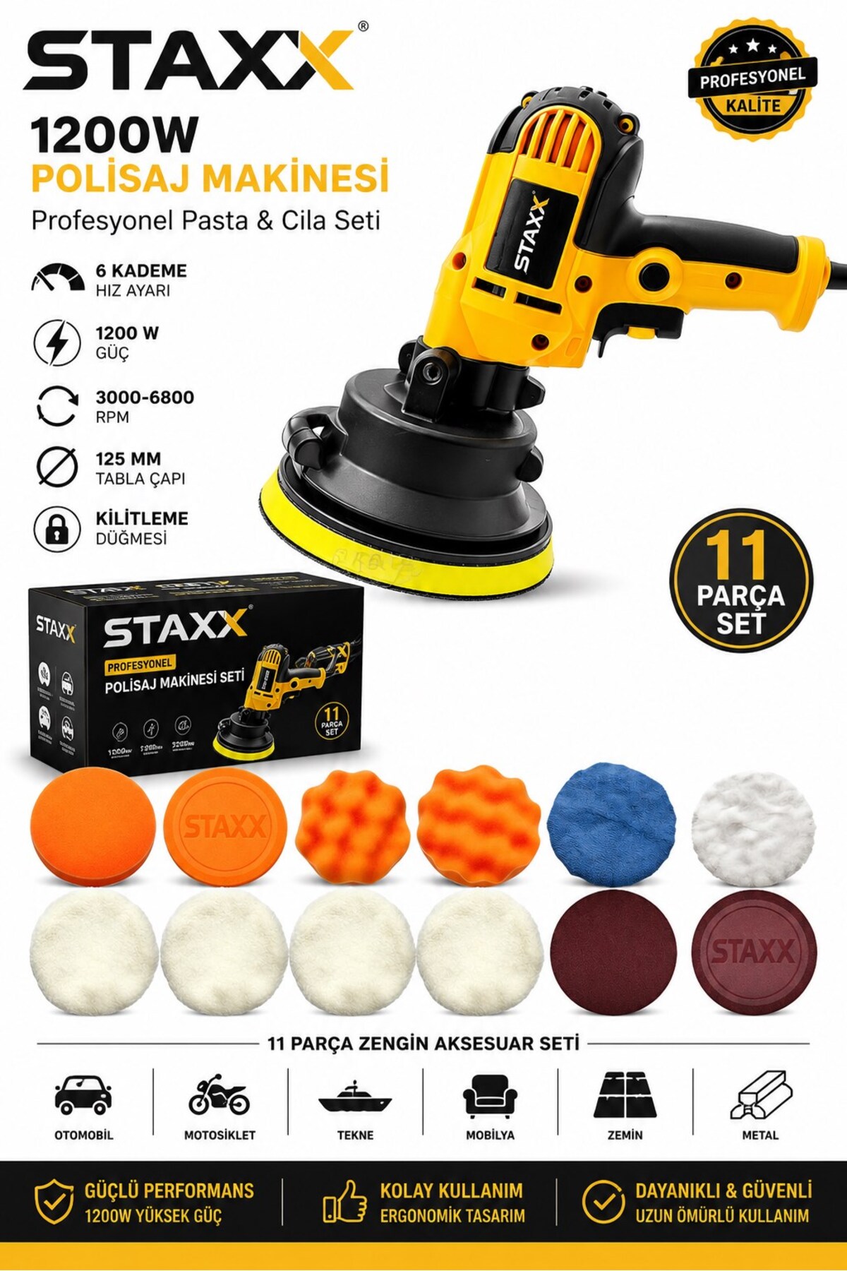 STAXX POWER Oto Polisaj Profesyonel Pasta Cila Makinesi 125 mm 11 Parça Polisaj Seti 6 Kademeli Hız Ayarlı