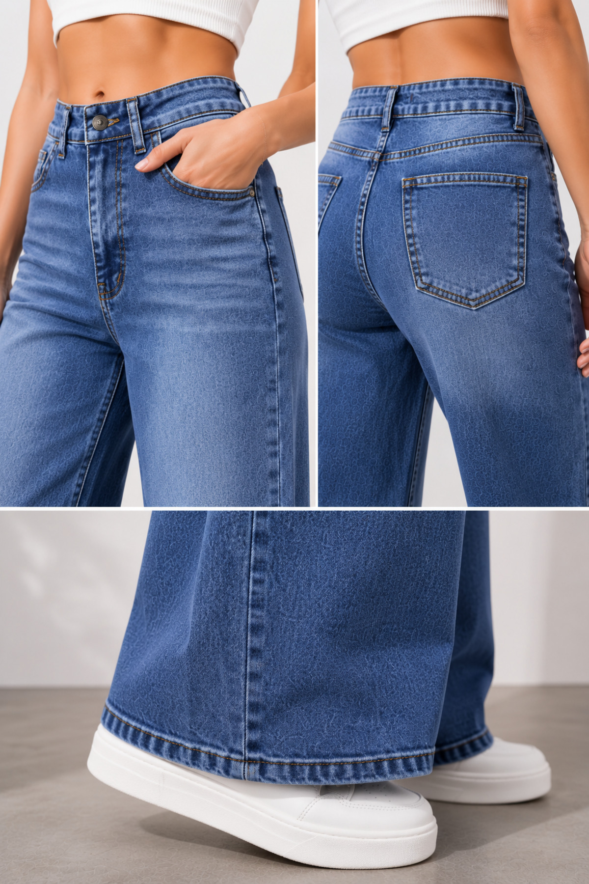 Lighter Jeans Kadın Kar Mavi Yıkamalı Likralı Wide Leg Palazzo Jean Pantolon Yüksek Bel Esnek Bol Paça Denim görsel 6