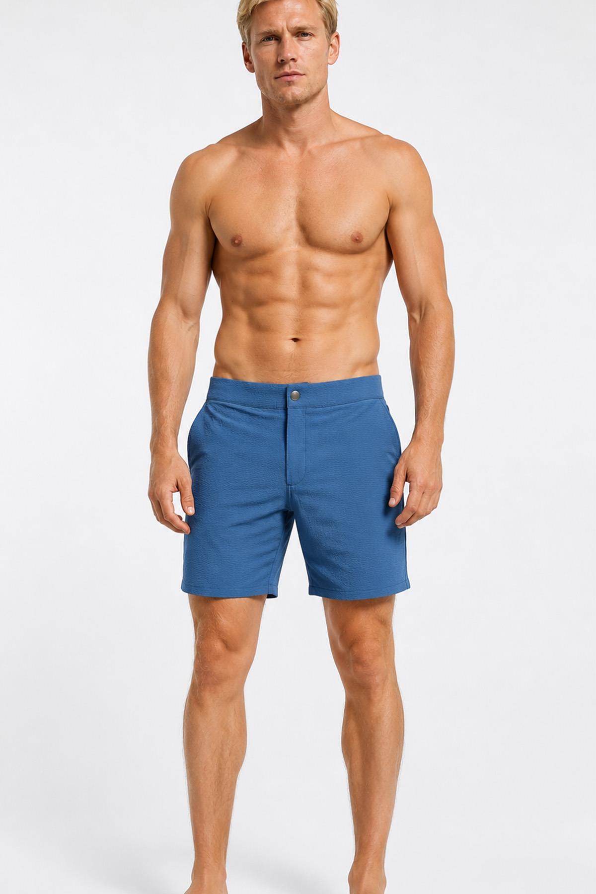 Hawaii Beach Indigo Water Repellent Flexible Fabric Men's Beach Swim Shorts with Zipper and Snap Fasteners // 5001-Indigo