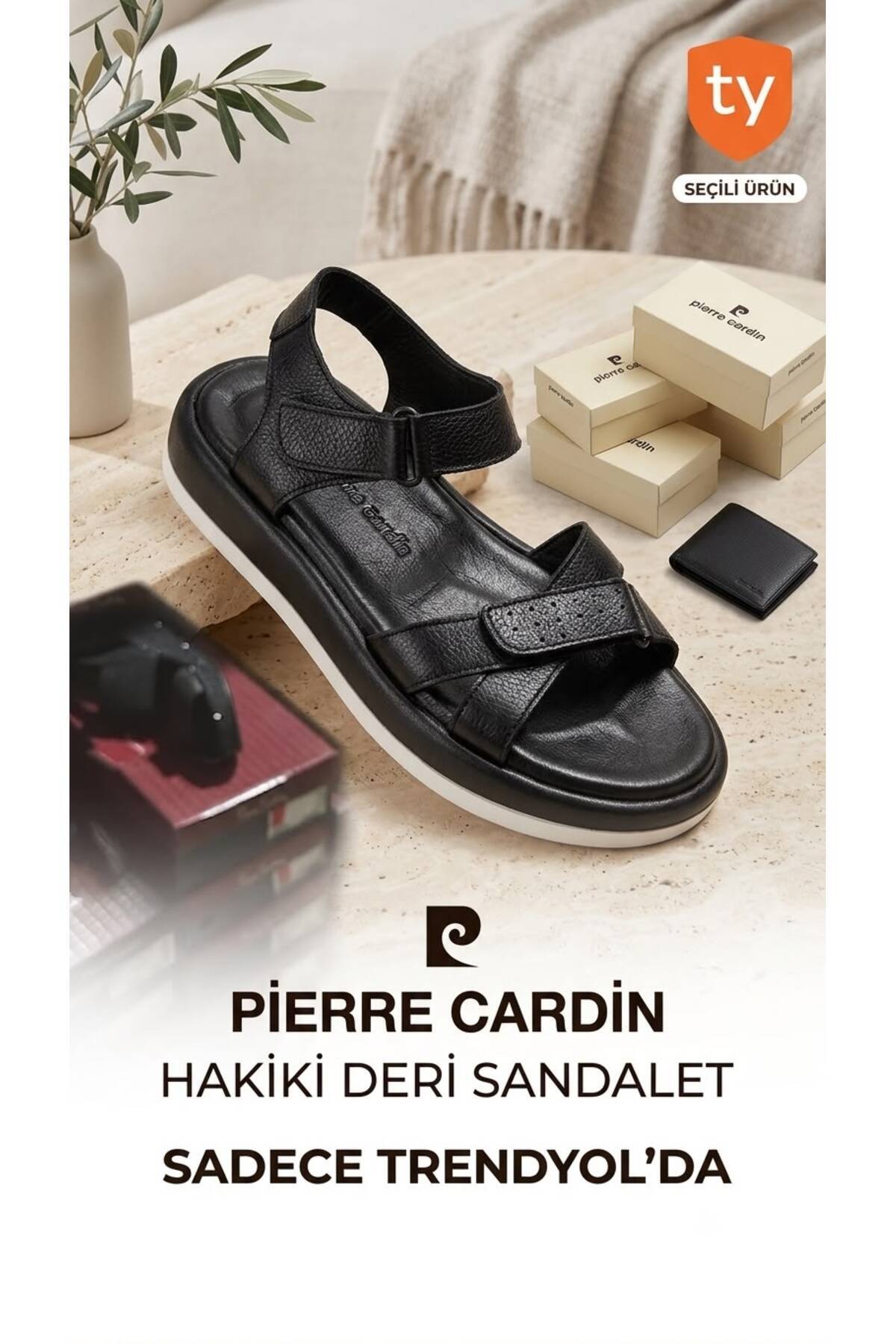 Pierre Cardin Hakiki Deri Ayarlanabilir Cırtlı Rahat Kadın Sandalet