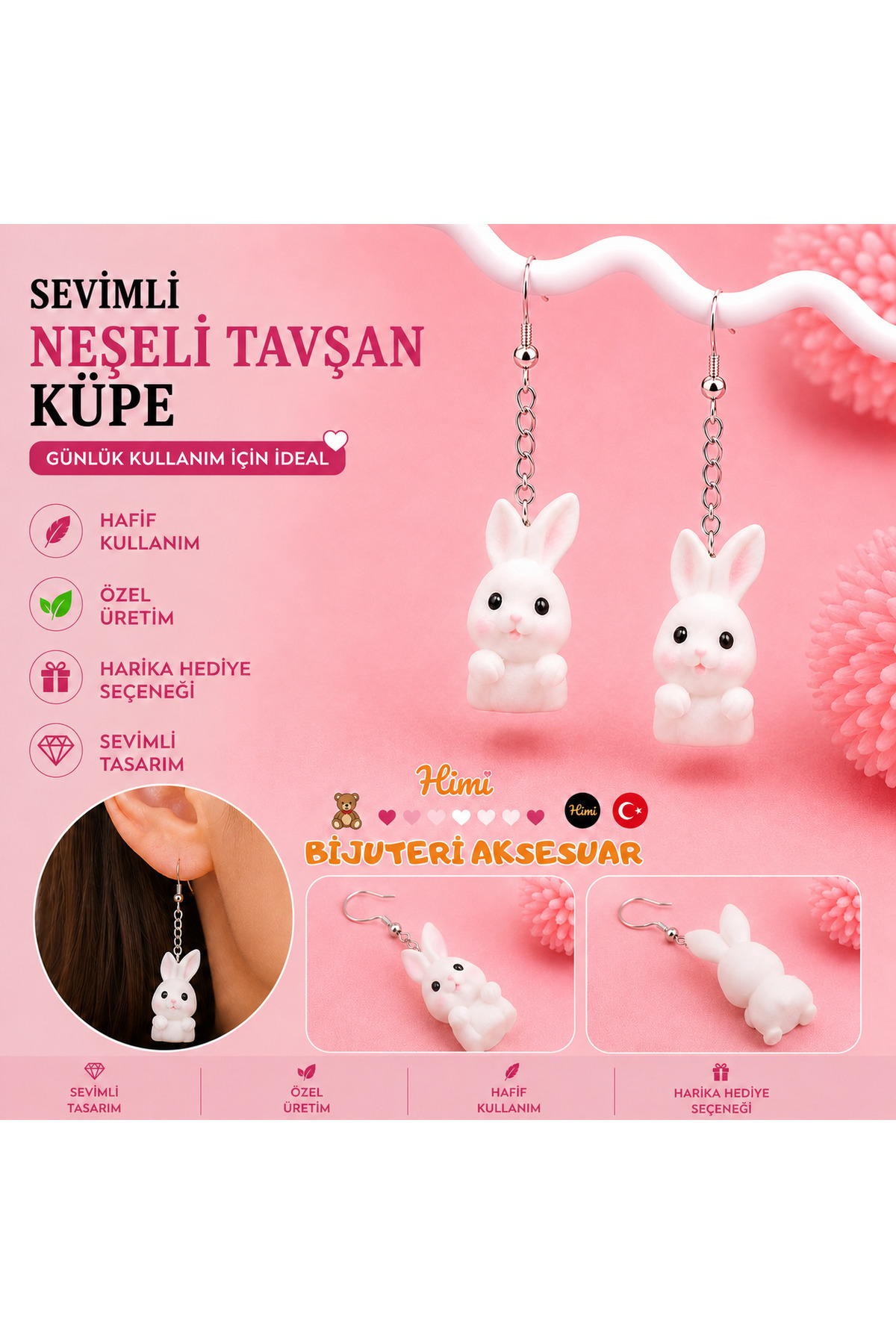 Sevimli Mutlu Tavşan Hayvan Figürlü Sallantılı Küpe Hafif Tasarım Günlük Kullanım Bijuteri Çocuk Küpesi