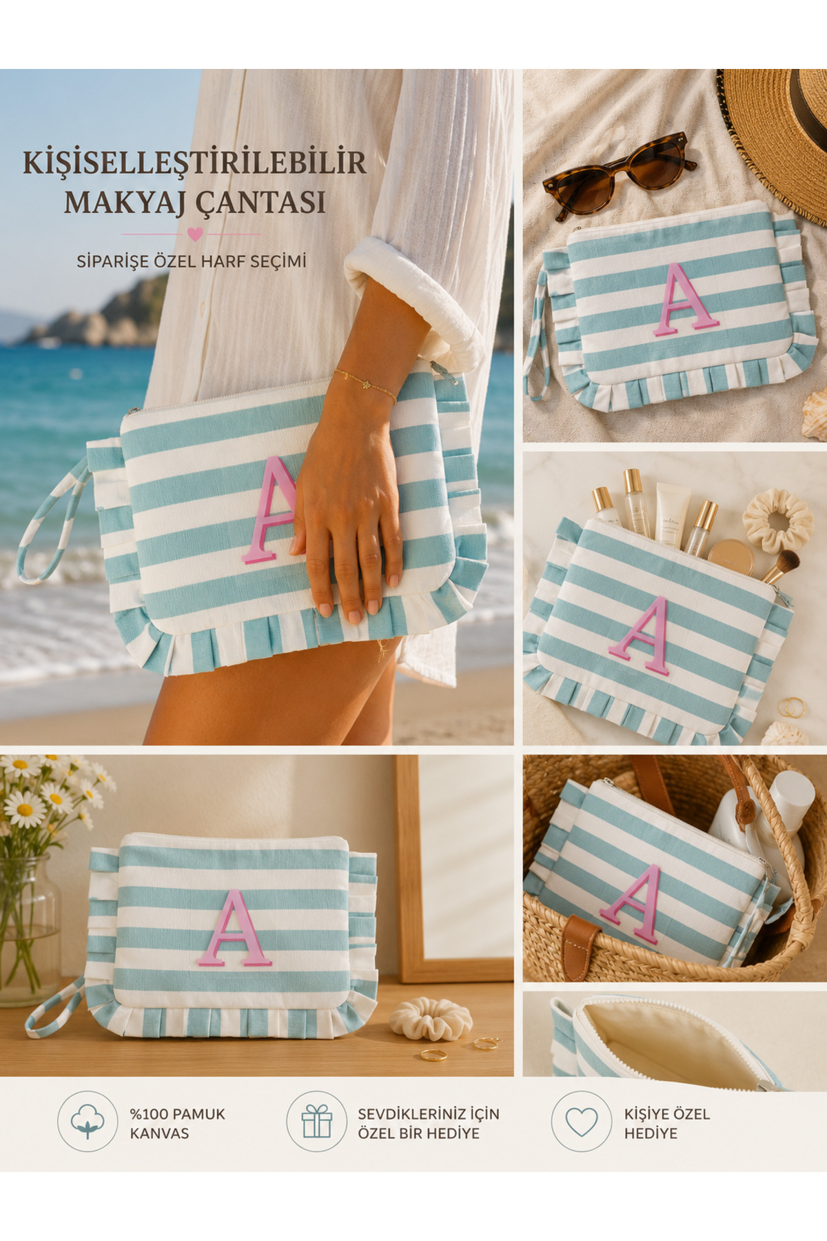 Beige & Stone Kişiye Özel Harf Detaylı Mavi Çizgili 17x29 cm Volanlı Clutch & Portföy Çanta Kadın El Çantası görsel 2