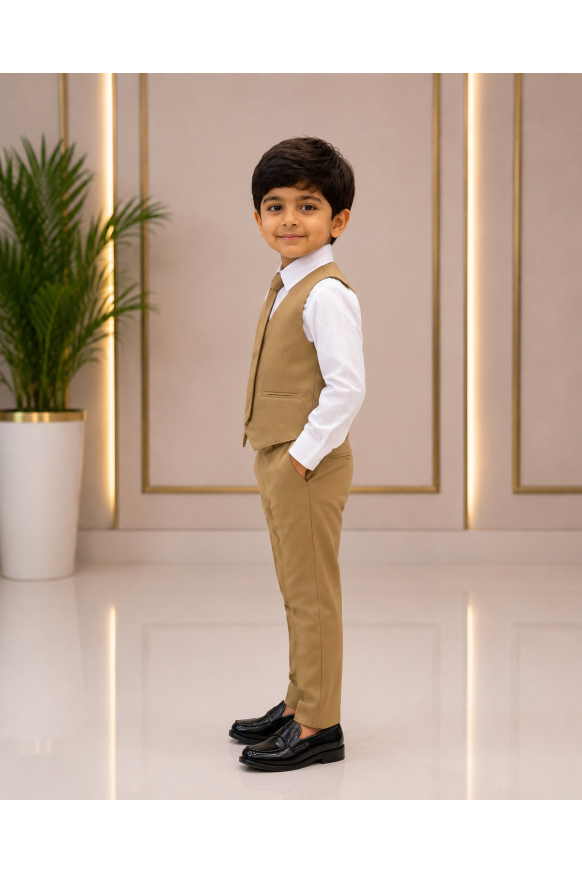 Official Boys School Uniform for Kindergarten - 4-Piece Elegant Set Includes 1-Piece White Shirt and 3-Piece Beige Vest, Pants & Tie